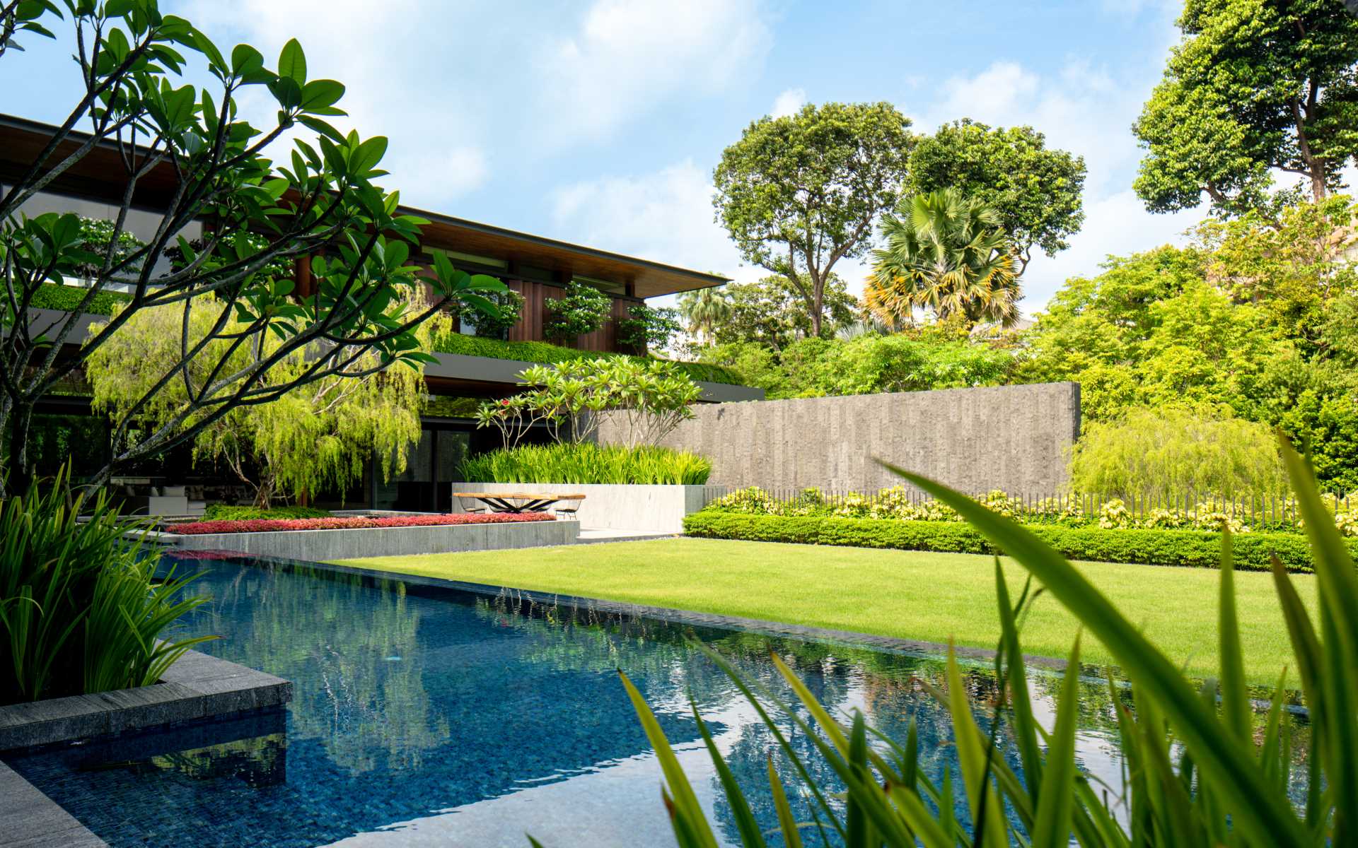 A modern house with an expansive lawn and a 25-meter-long swimming pool in the central garden, creating a secluded and private oasis, while lighting highlights the design of the home at night.