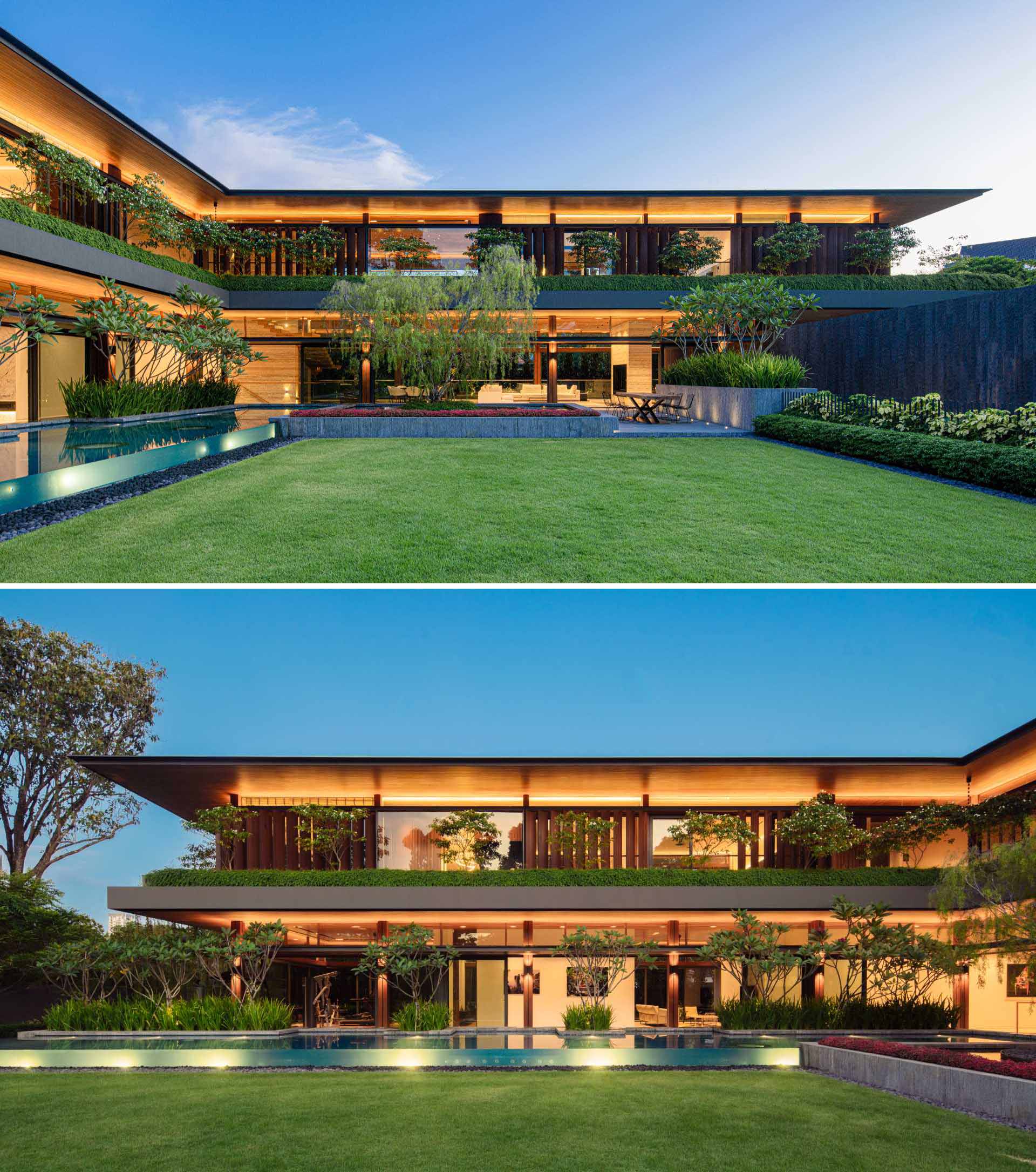 A modern house with an expansive lawn and a 25-meter-long swimming pool in the central garden, creating a secluded and private oasis, while lighting highlights the design of the home at night.