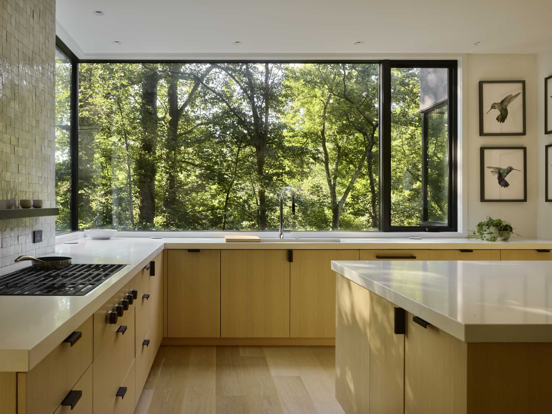 In this modern kitchen, the cabinets have been designed in such a way as to allow the tree views to be enjoyed.