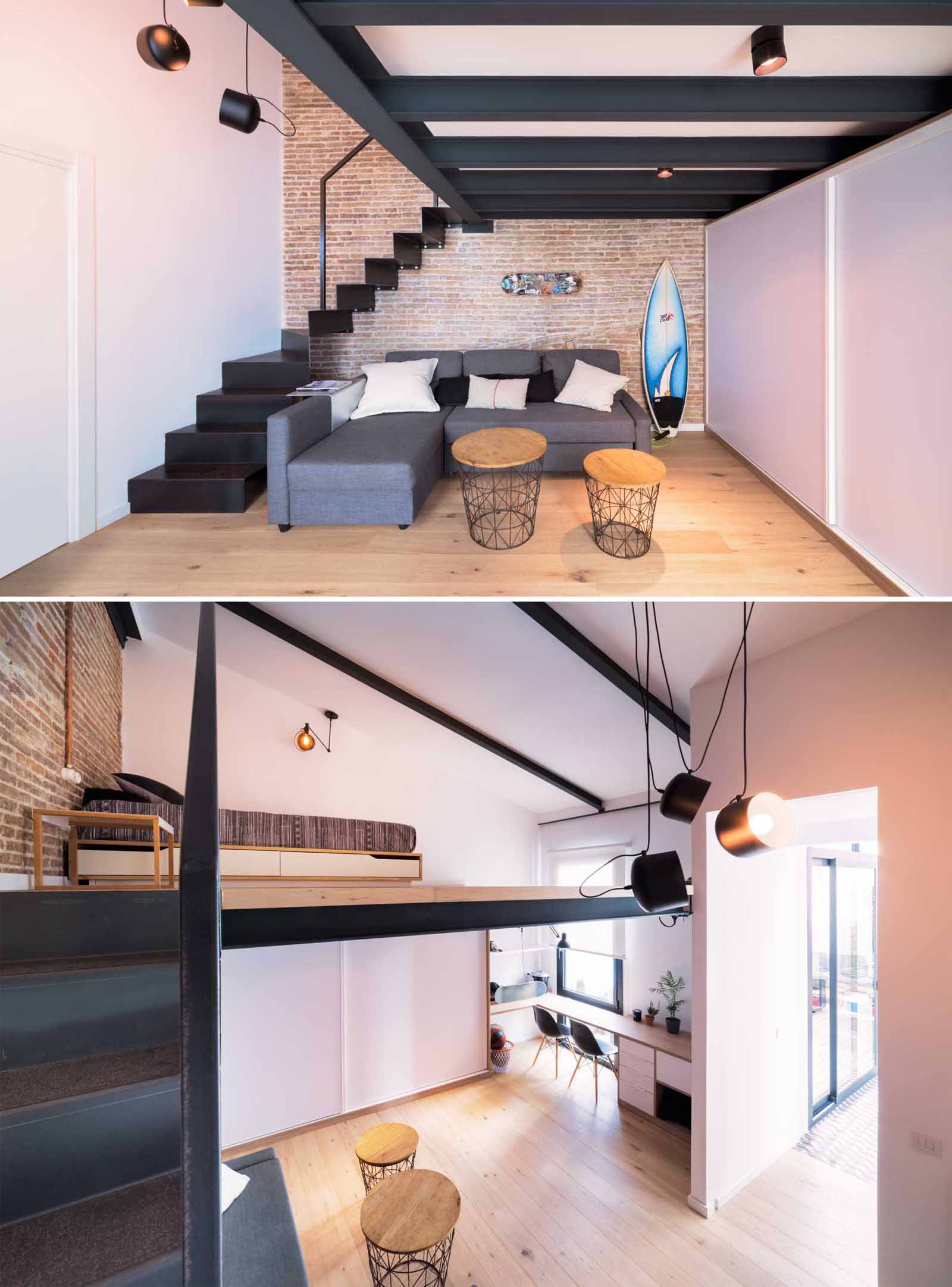 A loft bedroom with a sleeping area located on top of it, a large dressing room, study area, and chillout zone with sofas.