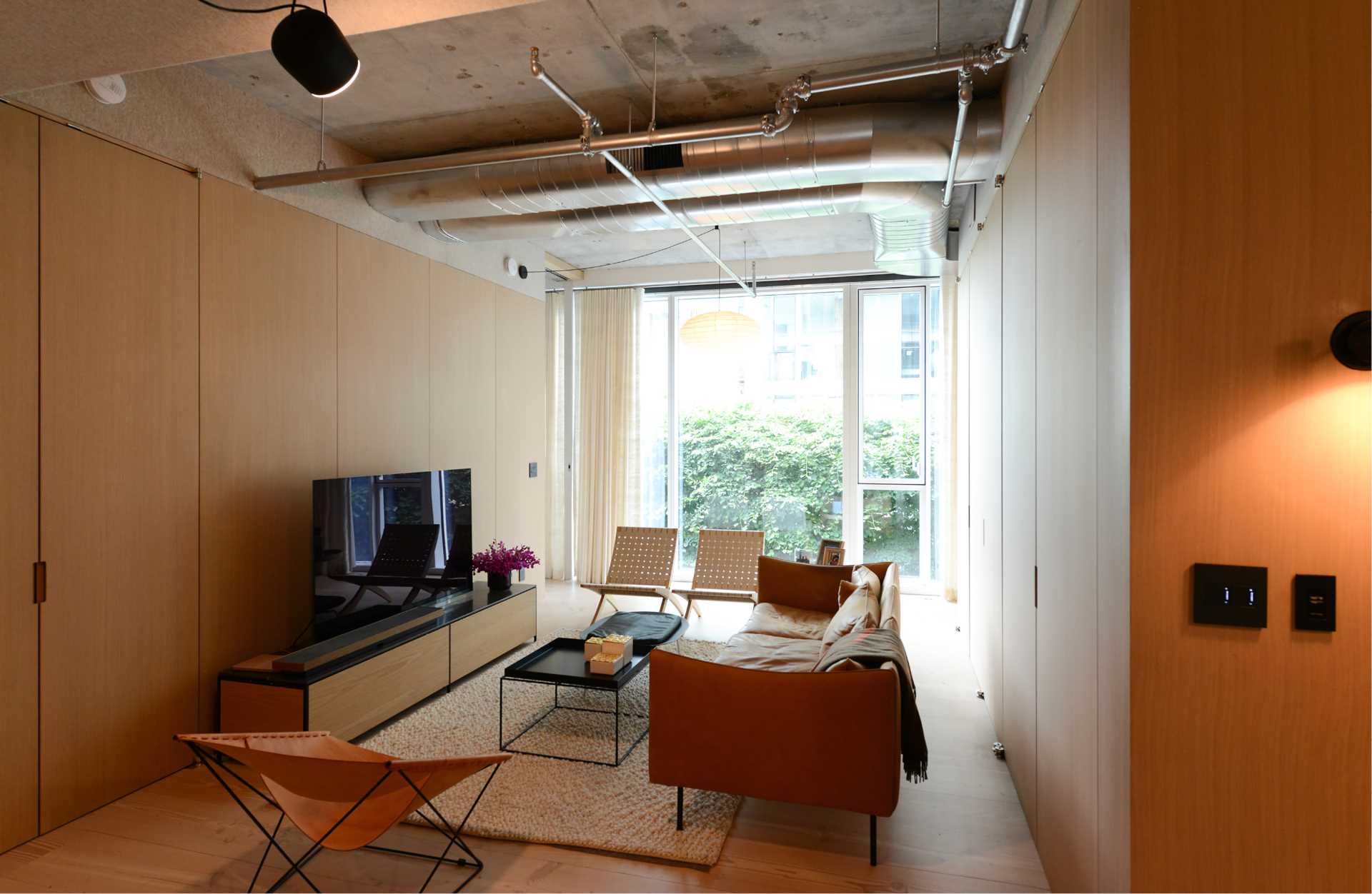 A TV room filled with natural light.