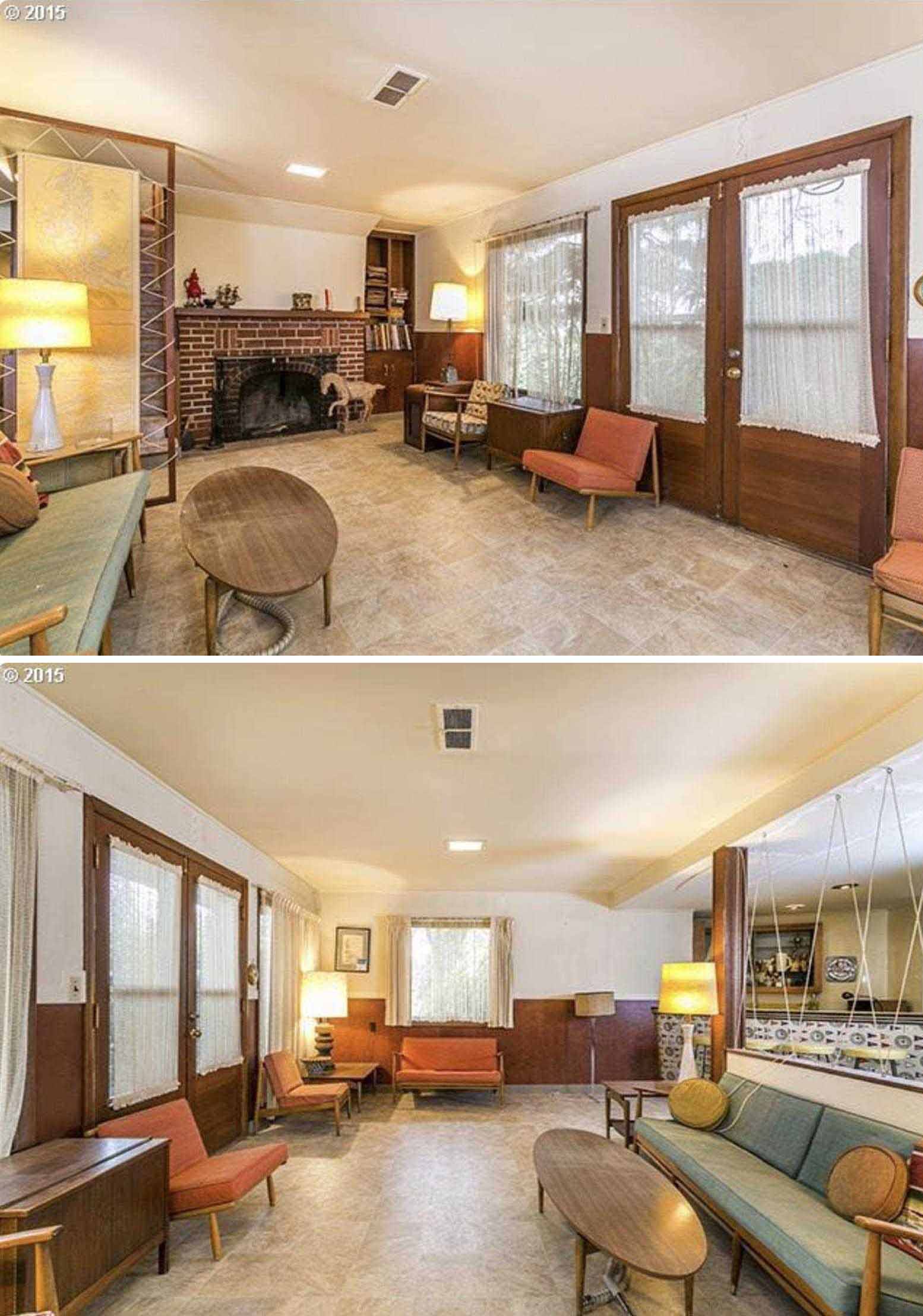 Before - This original family room, located on the lower level of the home, Includes a fireplace with a brick surround, and wood wainscoting on the lower half of the room.