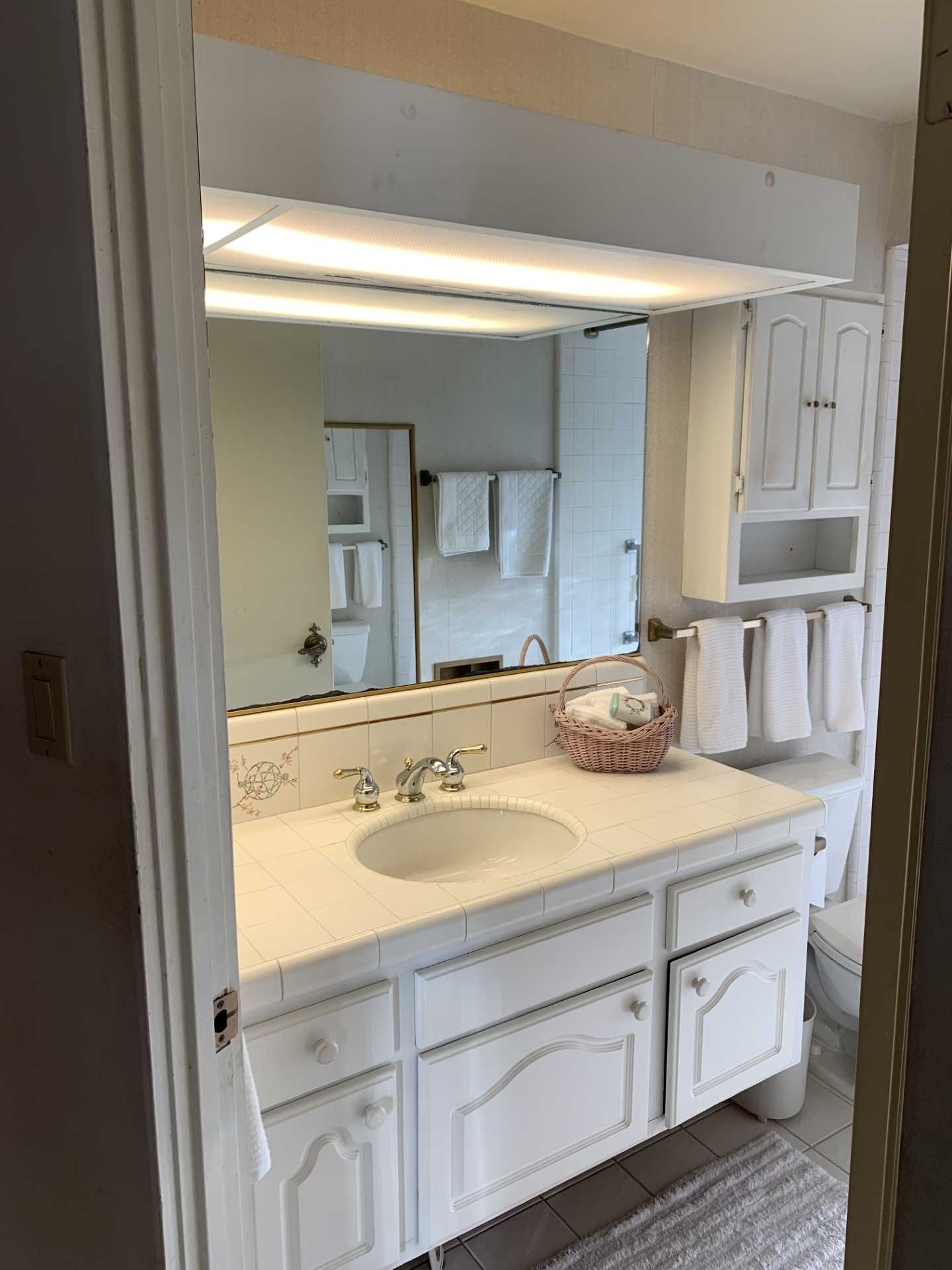 BEFORE - The dated main bathroom had a lightbox above a vanity with a tiled countertop, while the step-down shower had a glass block wall.