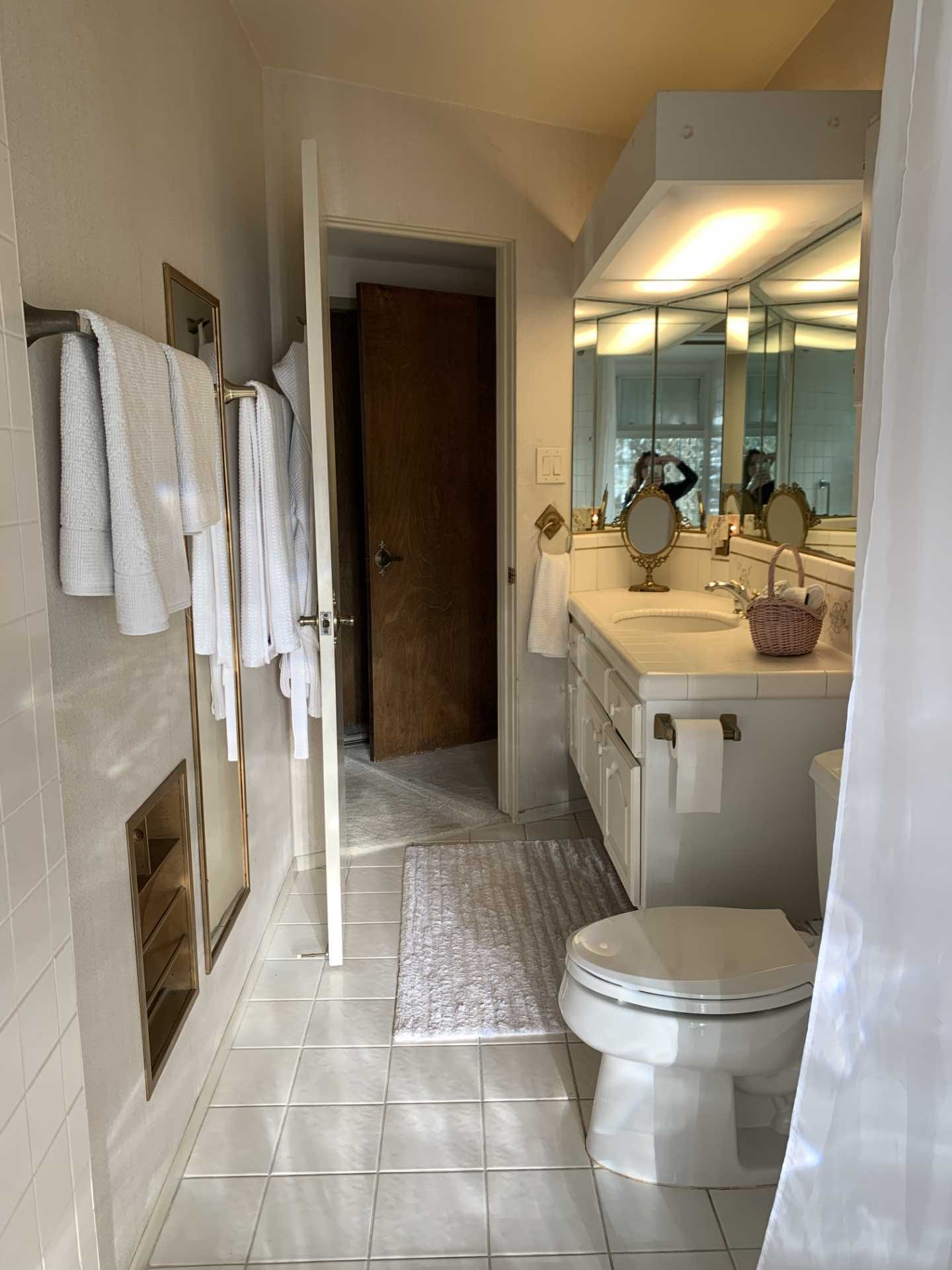 BEFORE - The dated main bathroom had a lightbox above a vanity with a tiled countertop, while the step-down shower had a glass block wall.