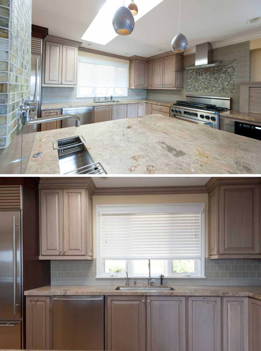 BEFORE - The original kitchen had wood cabinets and multiple different tile designs.