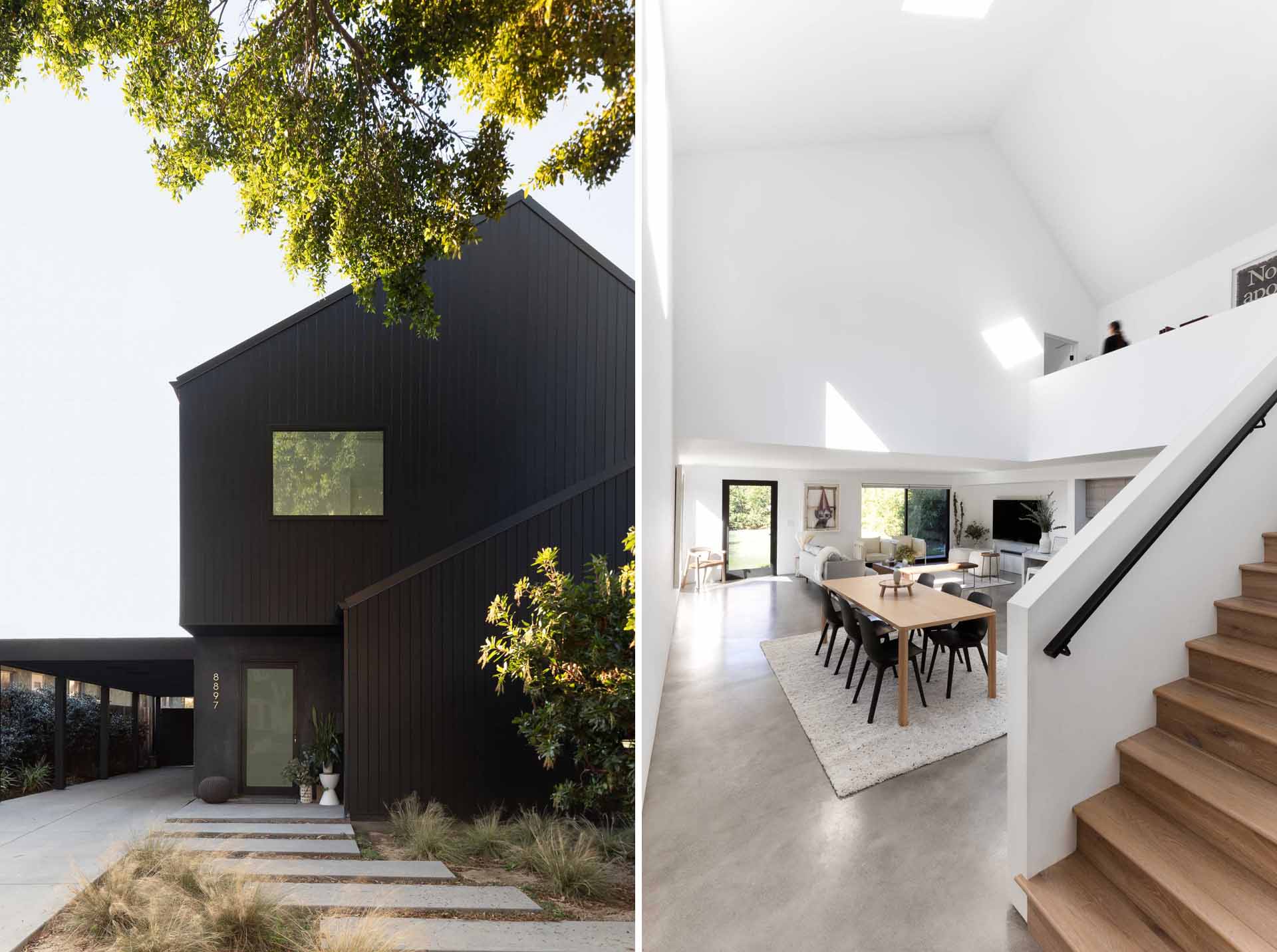 A modern barn-inspired home with a black exterior and bright white interior.