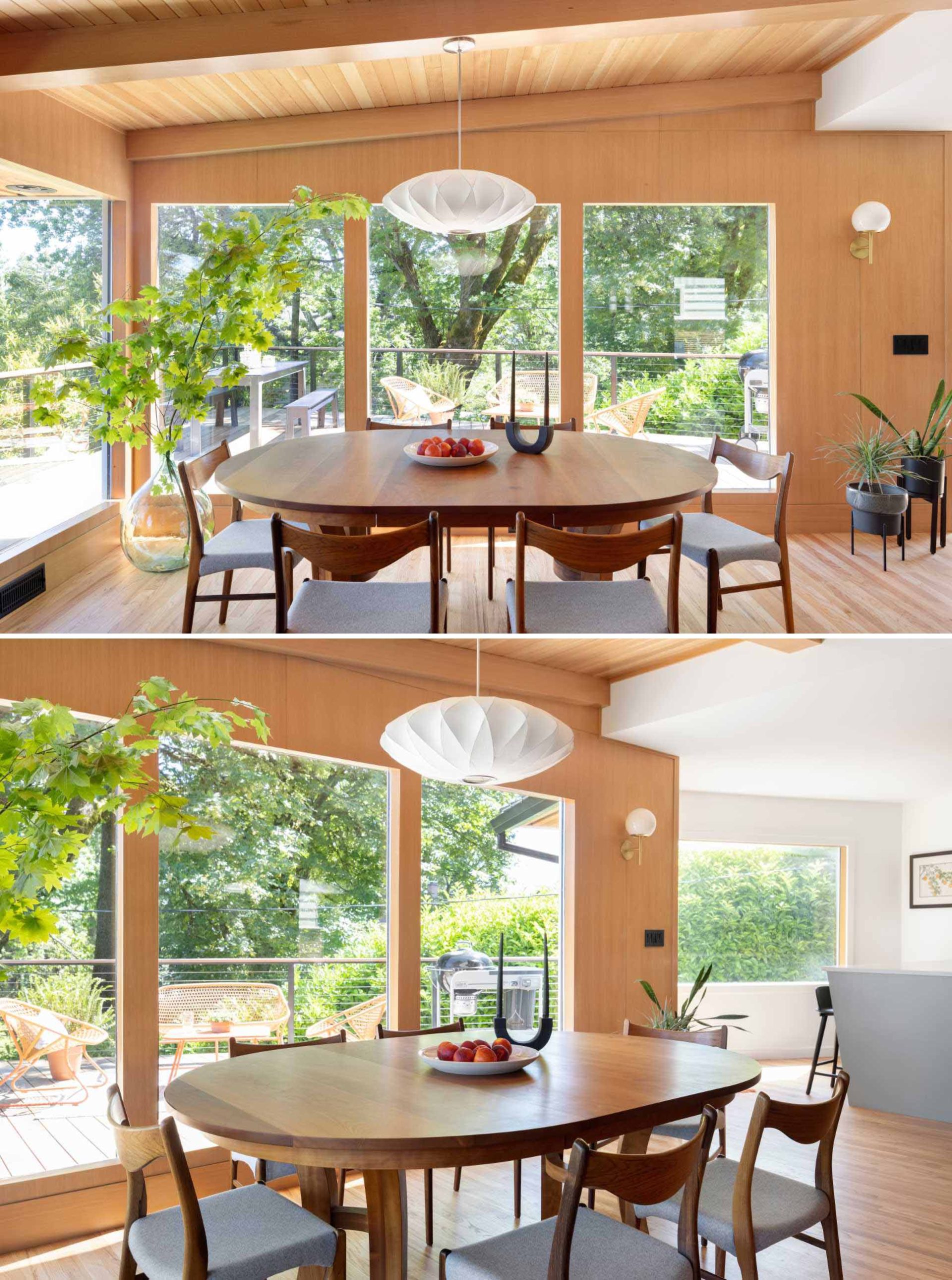 This updated dining room has now been positioned by the windows and includes an oval wood dining table.