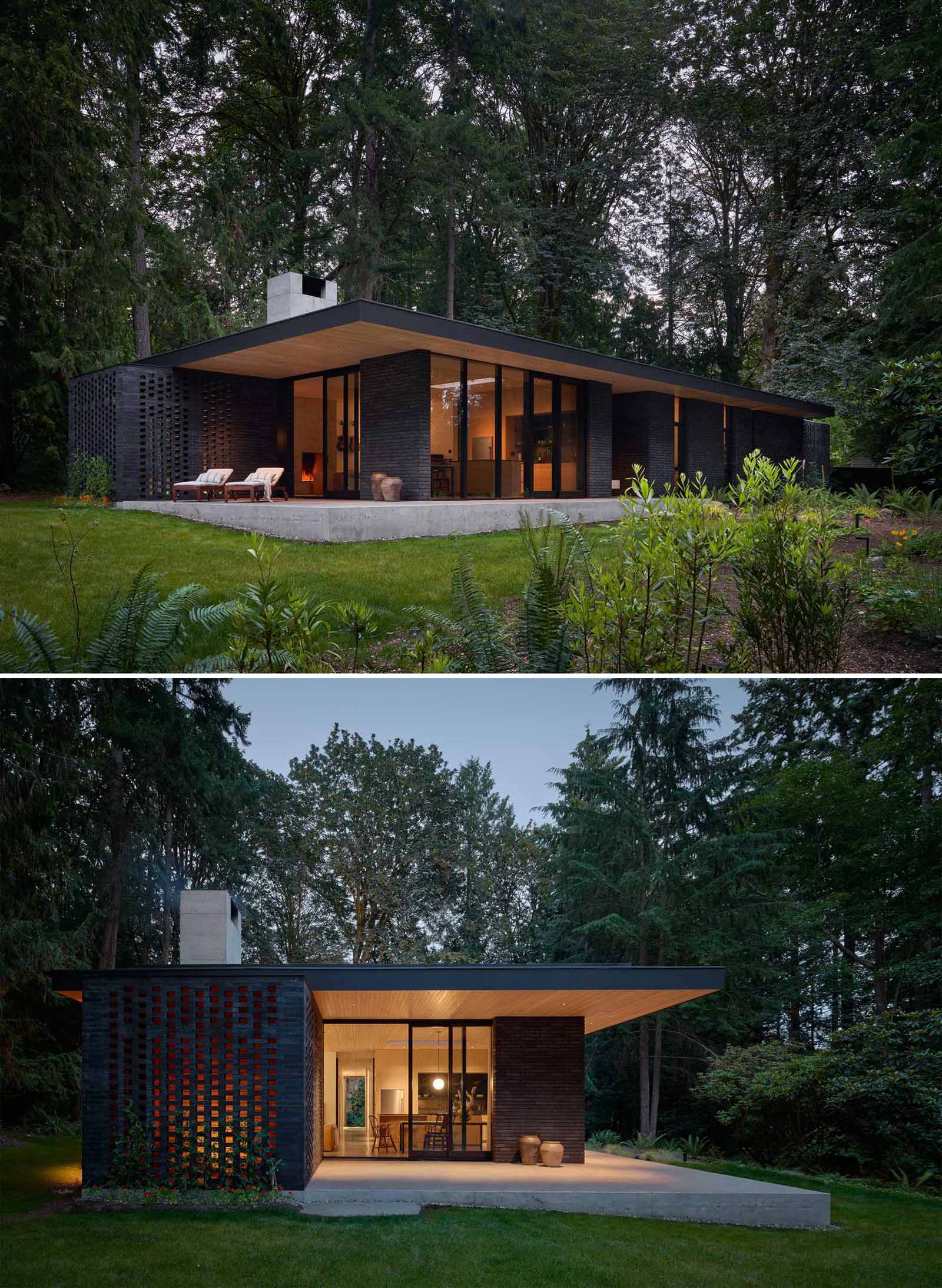 A modern home with a dark brick exterior and wood elements made from Douglas Fir.