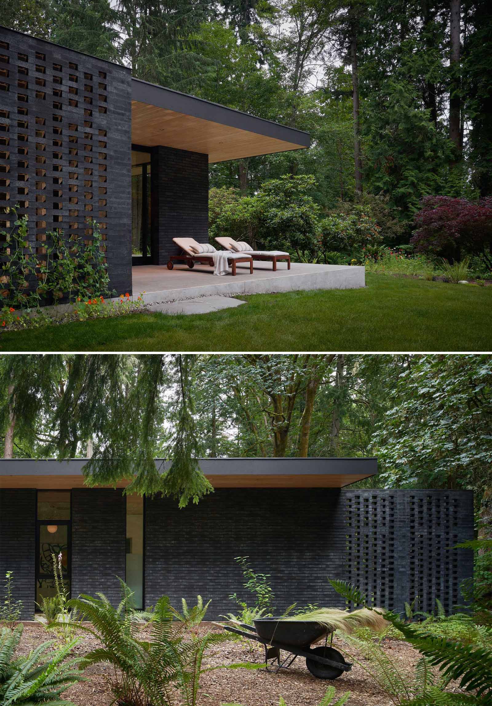 A modern home with a dark brick exterior and wood elements made from Douglas Fir.