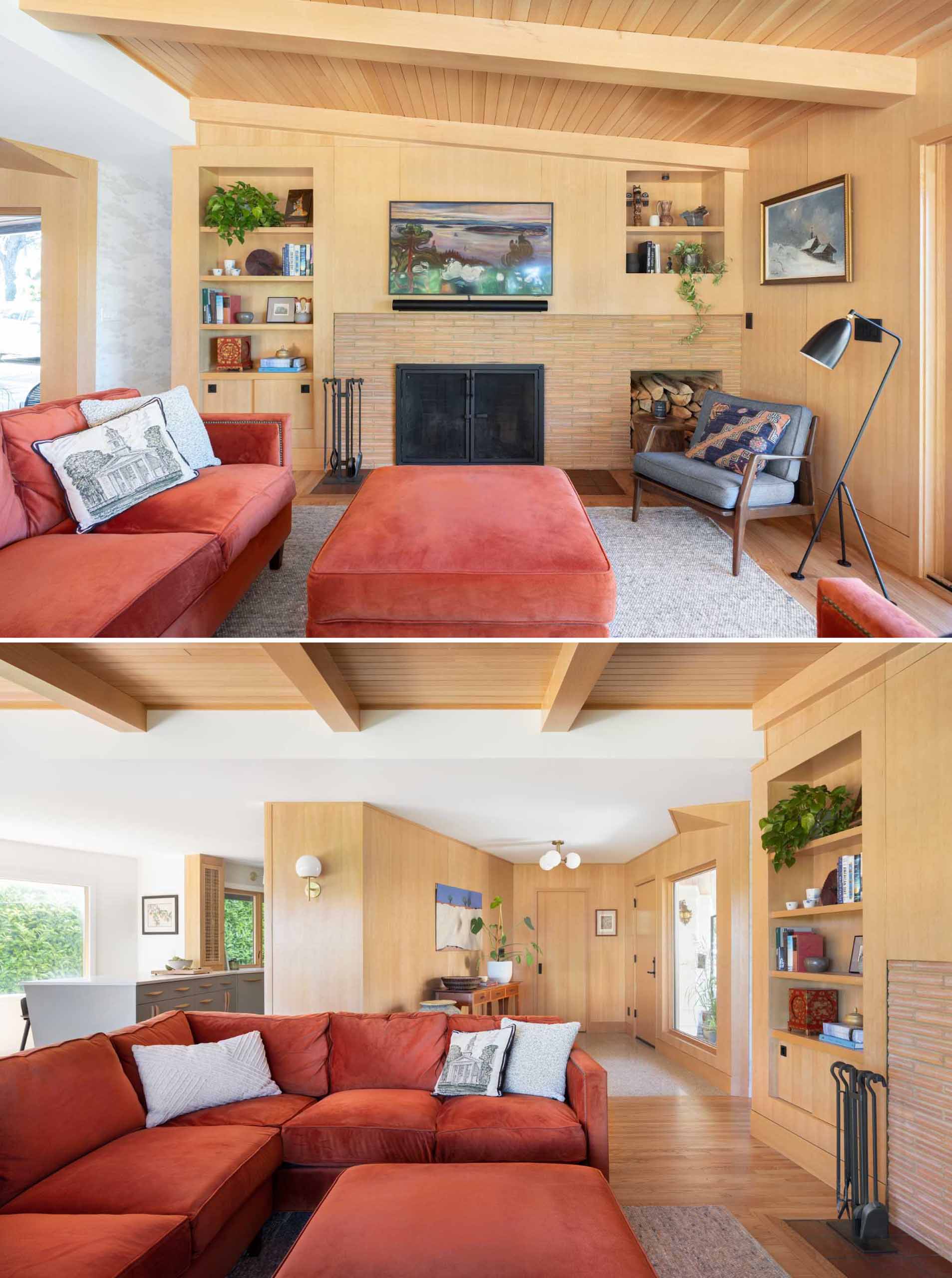 This updated living room still includes a fireplace, however, a new fireplace surround was created that also includes firewood storage. The built-in shelving was also retained, and a new shelving niche was added to the right.