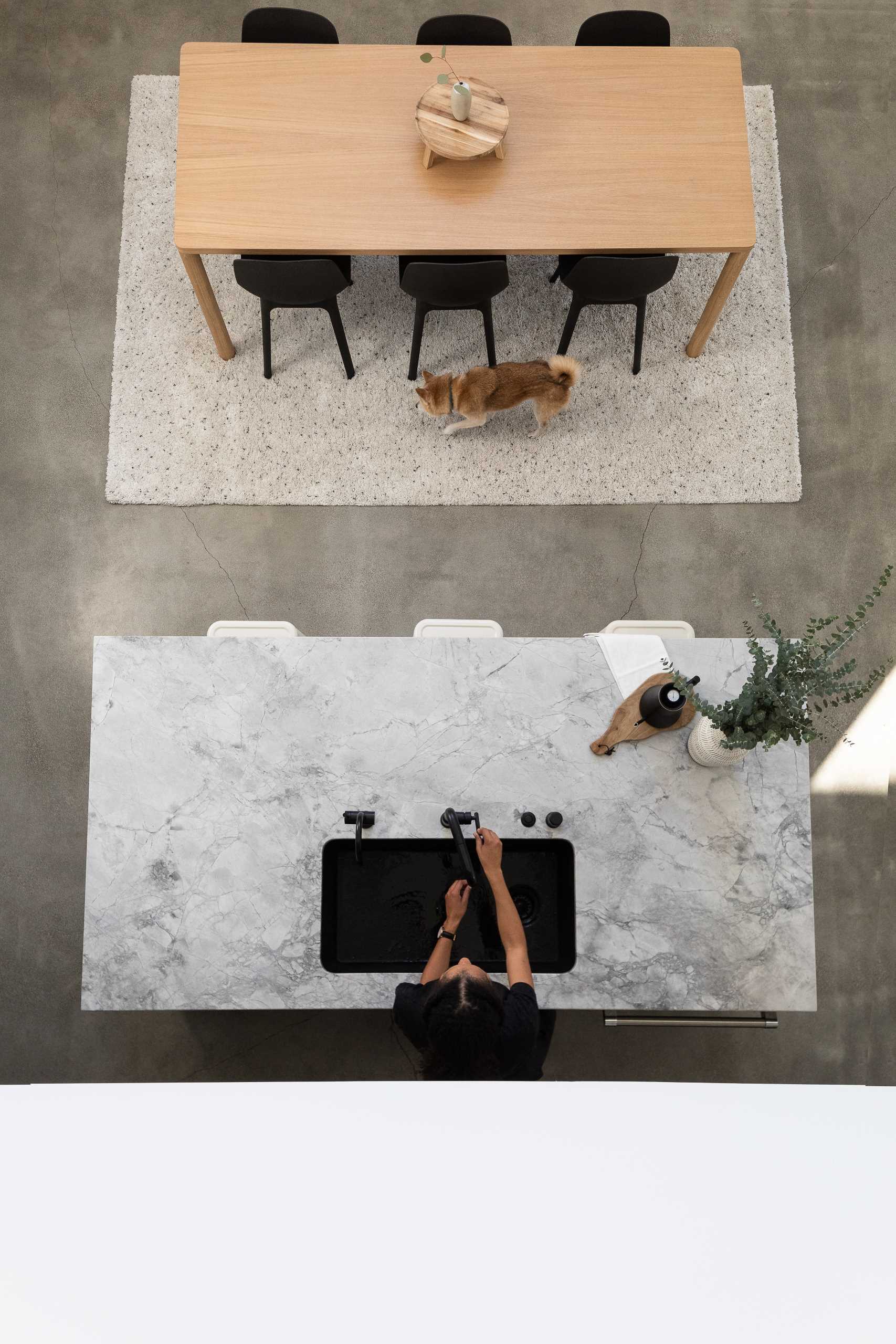 This modern double-height dining space is anchored by a rug in the open floor plan, and nearby the kitchen includes an island and black cabinets.