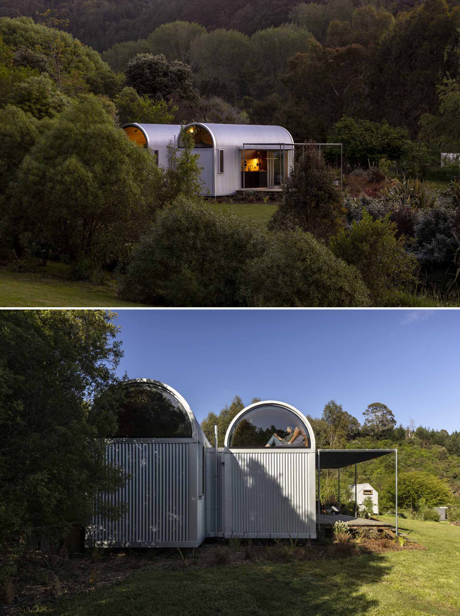 A modern and small one-bedroom home with a study, kitchen, loft, and curved roof.
