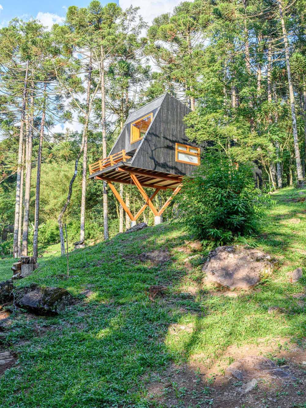 This modern and elevated tree house is covered with cider eucalyptus wood that's been painted with a black stain.