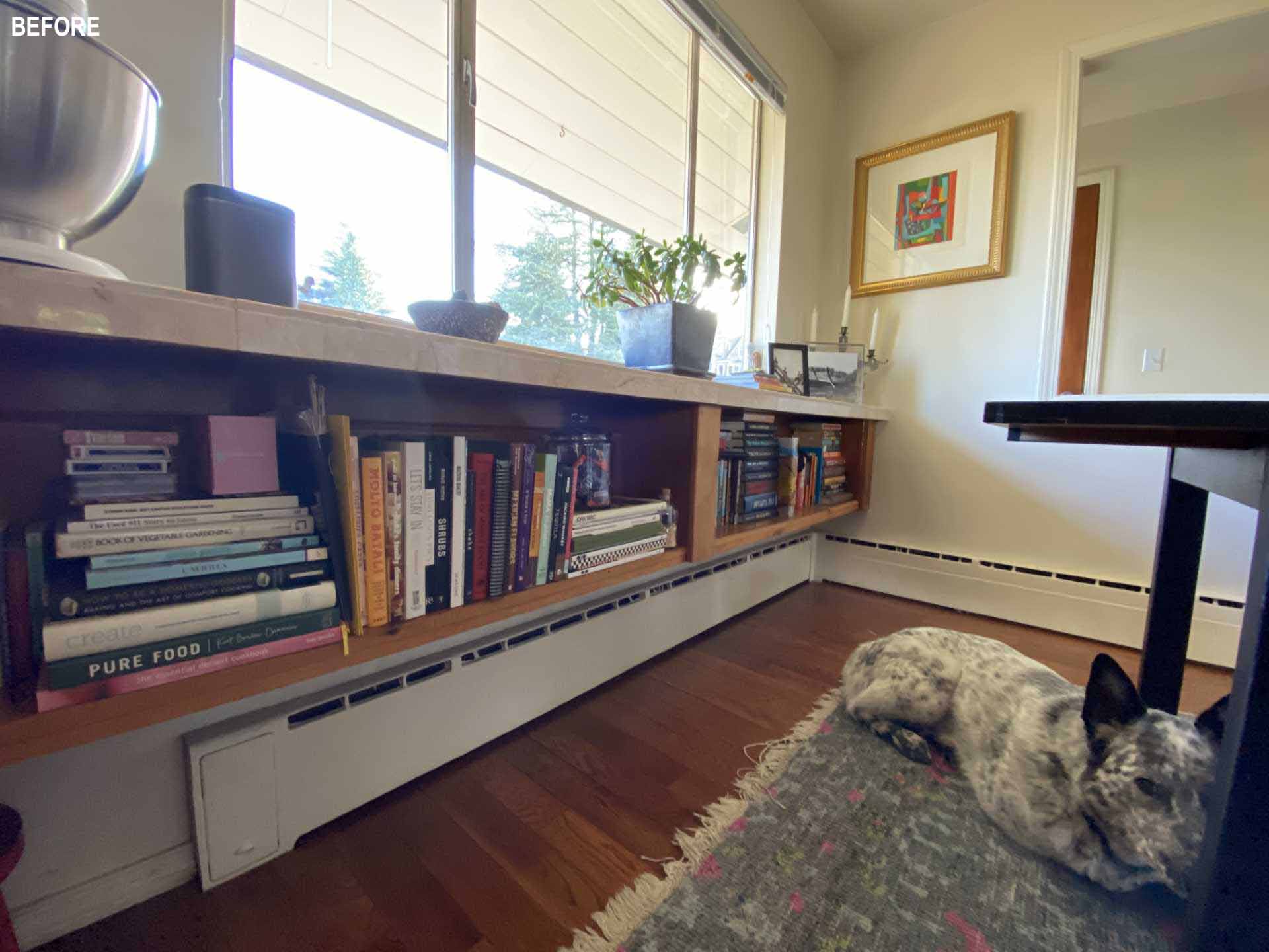 Before - A floating shelf in a dining area.