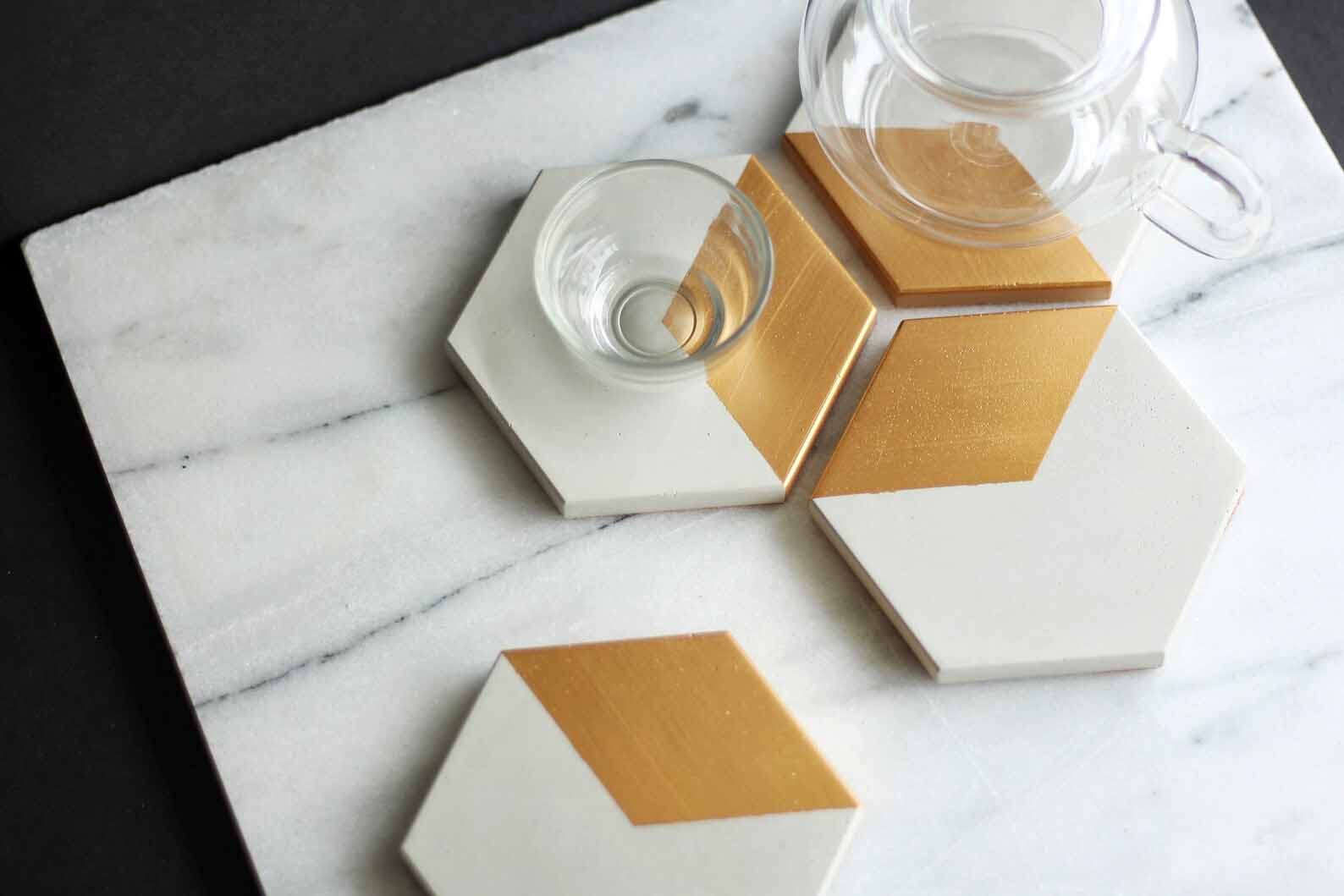 Modern Gift Idea - HEX Gold Concrete Coasters