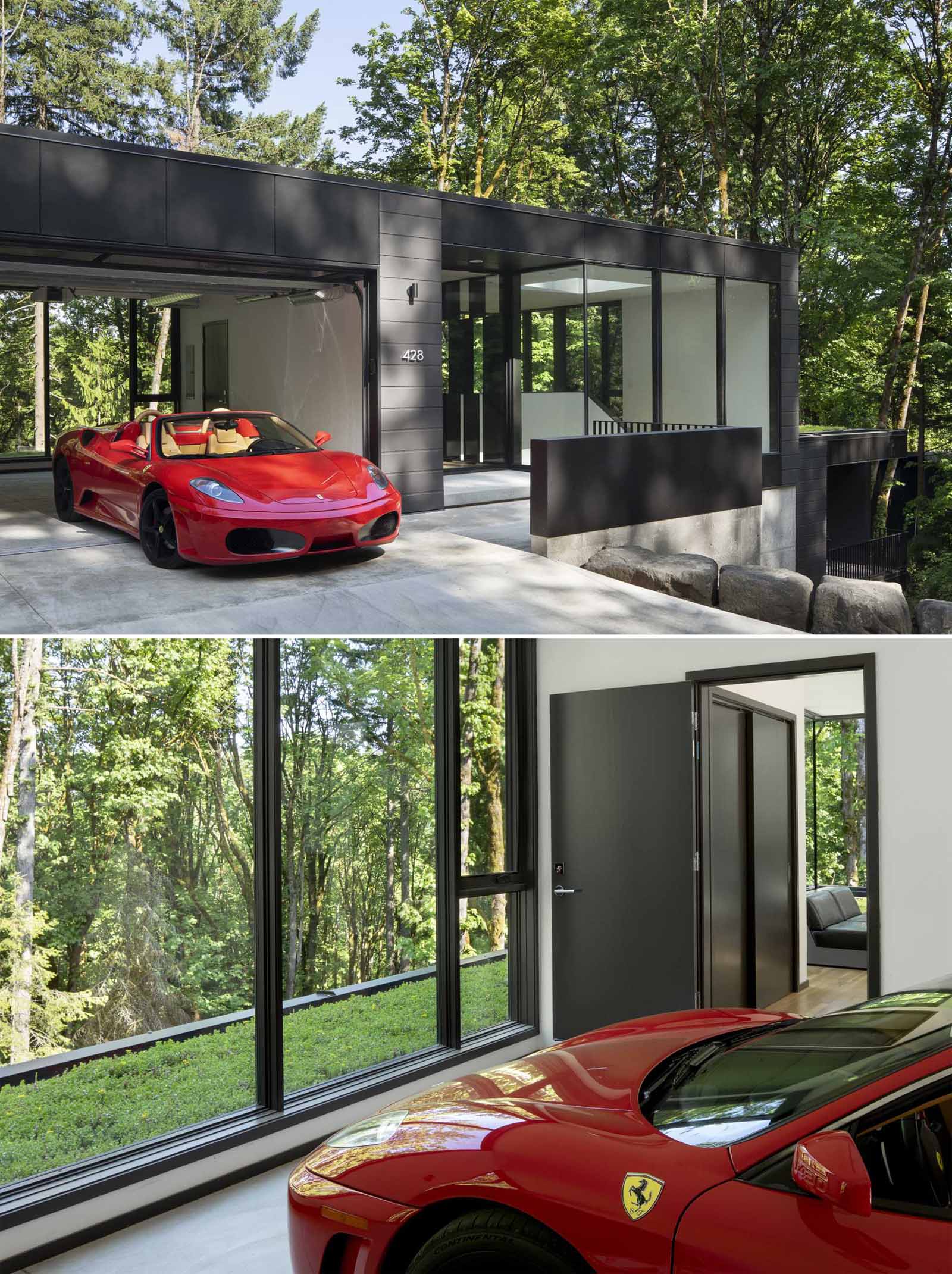 A modern black house with a garage that includes floor-to-ceiling windows.