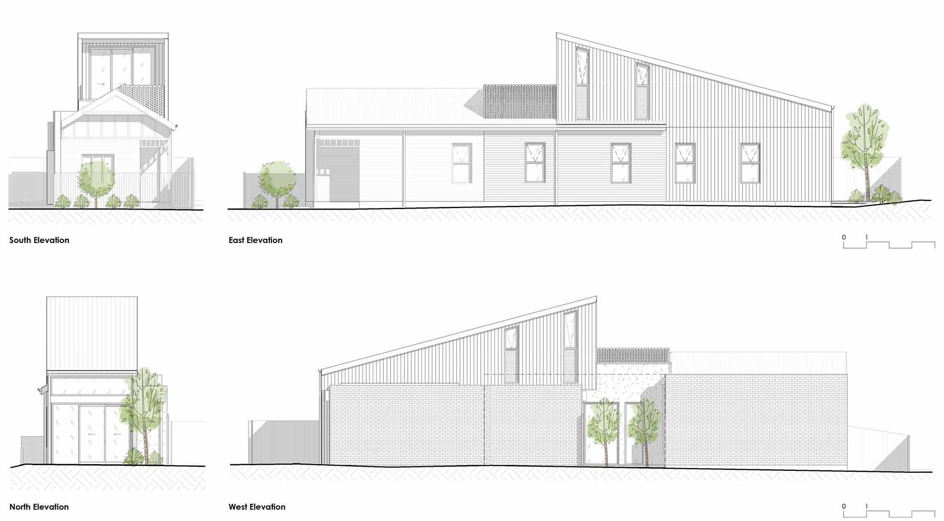 The elevations of a heritage home that received a new modern rear extension.