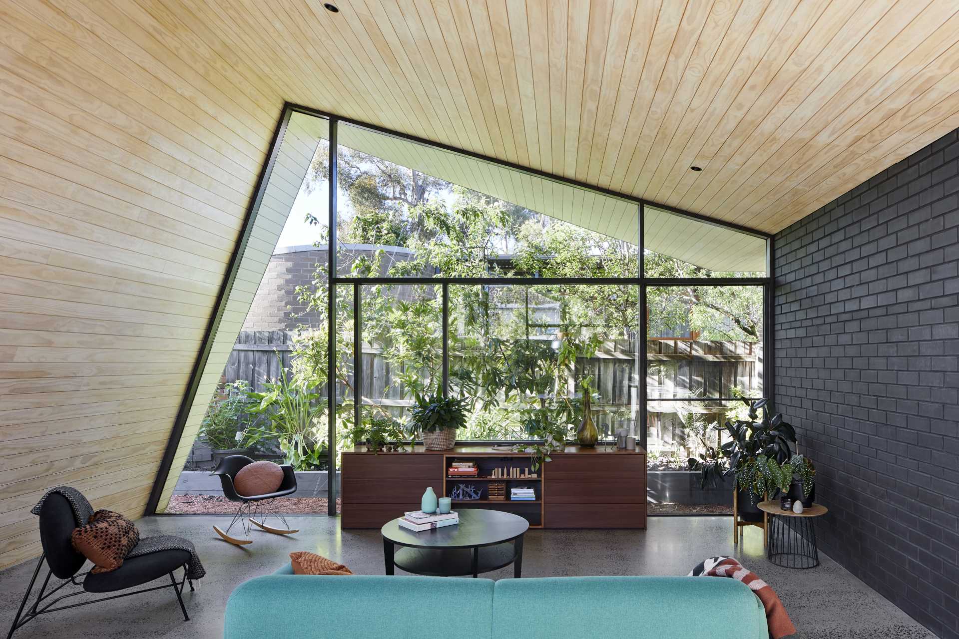 This modern living room with a wood ceiling includes a wall of windows with black frames that follows the shape of extension.