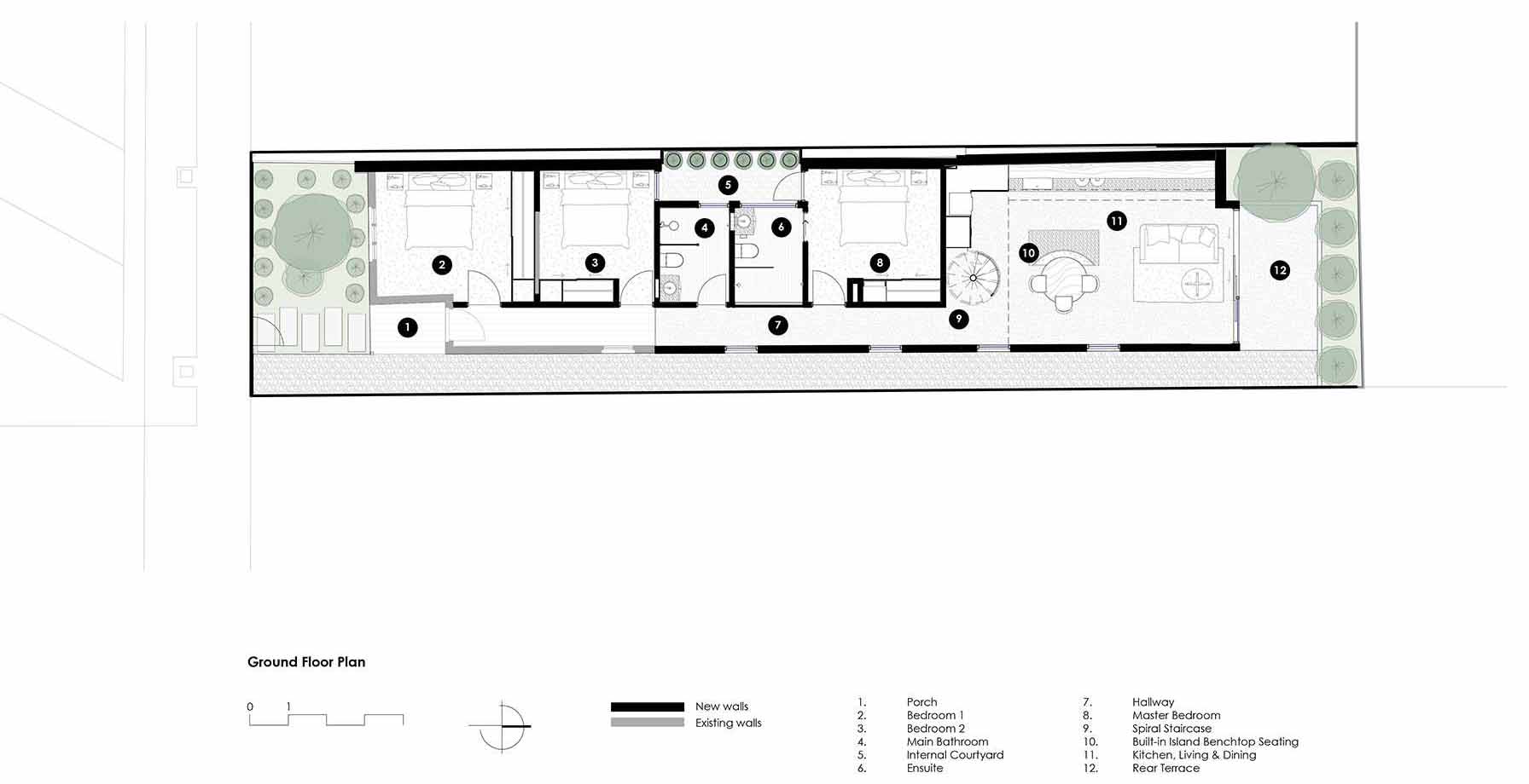 The floor plan of a heritage home that received a new modern rear extension.
