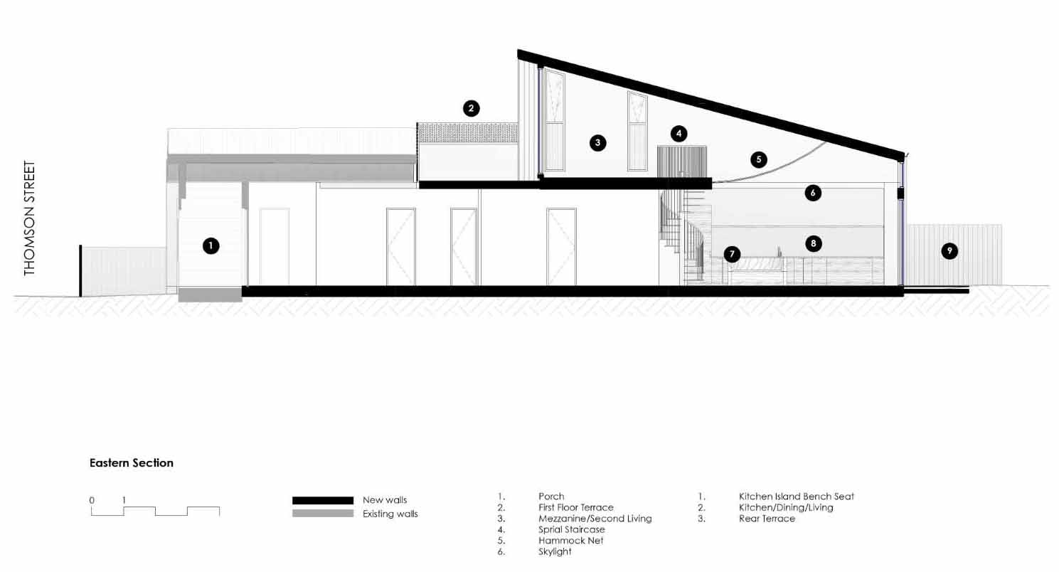 The section plan of a heritage home that received a new modern rear extension.