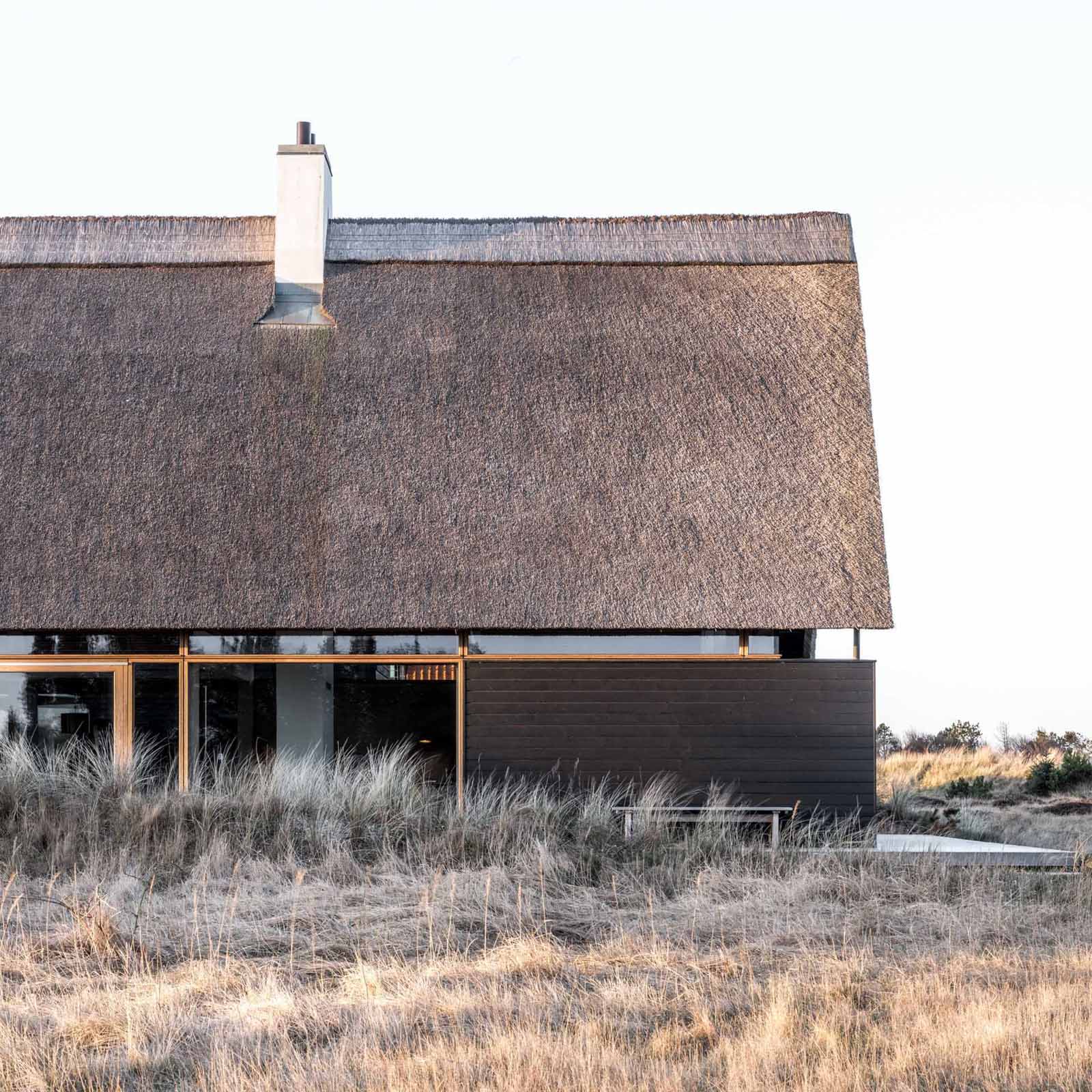 A modern home with black charred wood siding and a thatched roof.