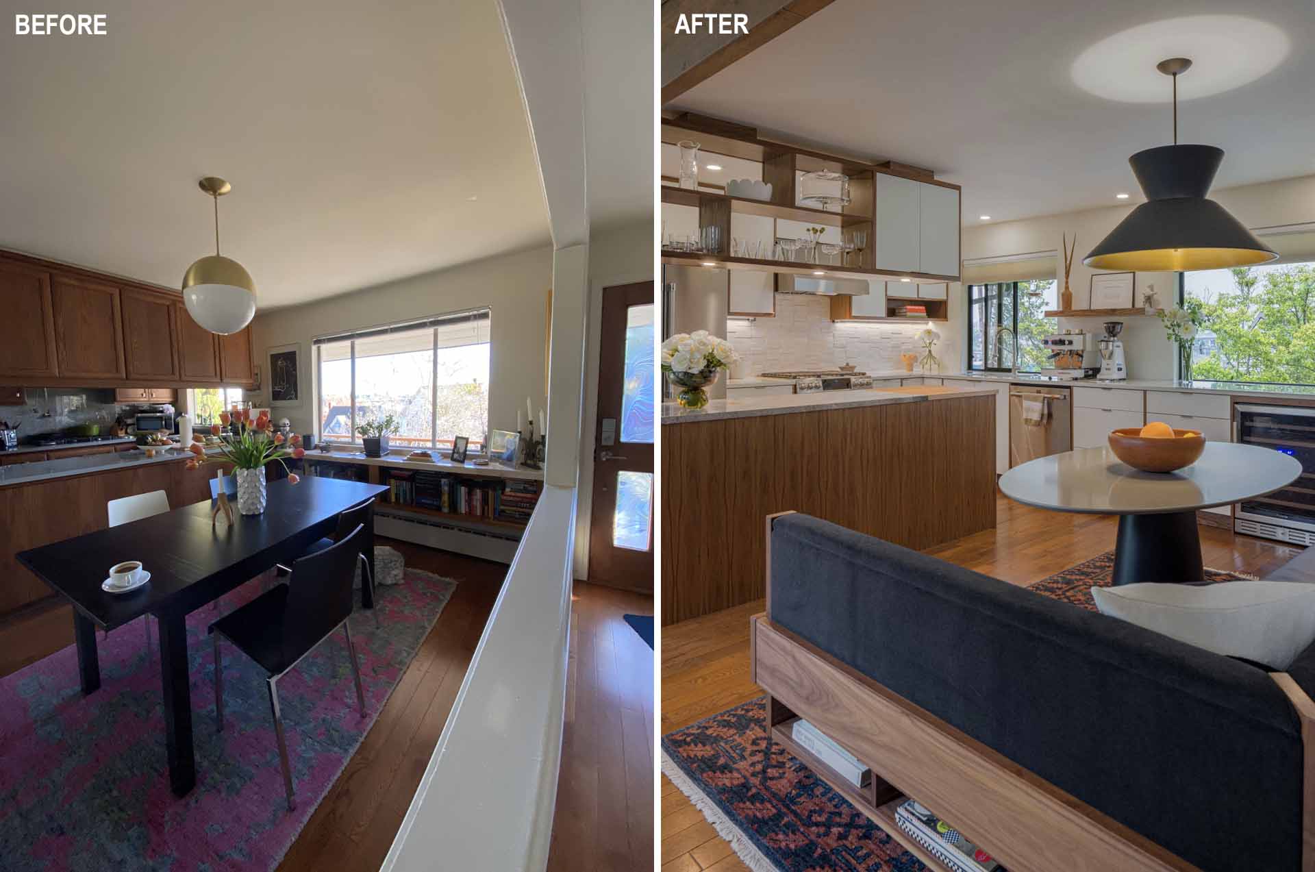 A dark wood kitchen and dining area received a contemporary remodel.