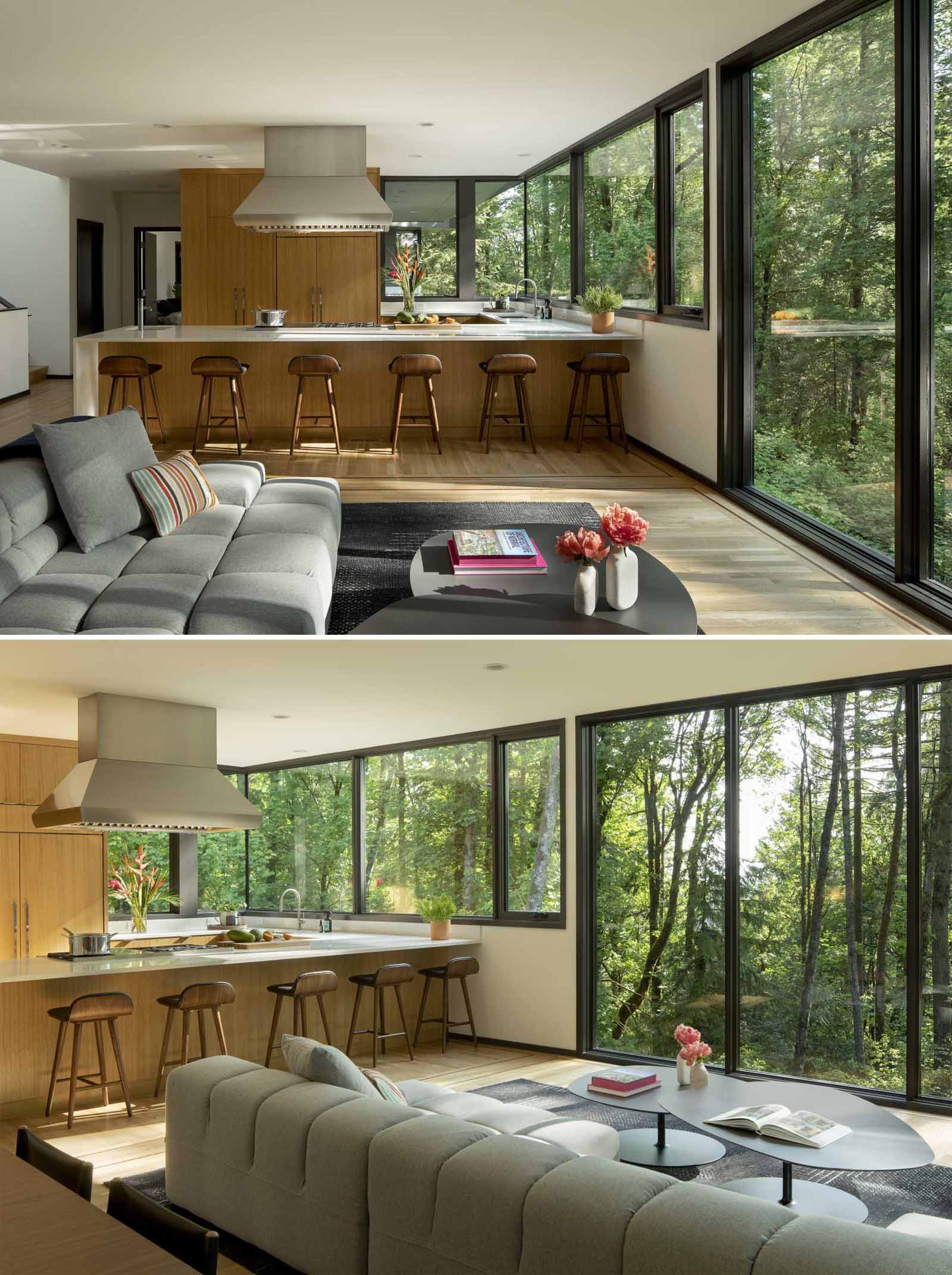 A large and modern kitchen with wood cabinets and light countertop. 