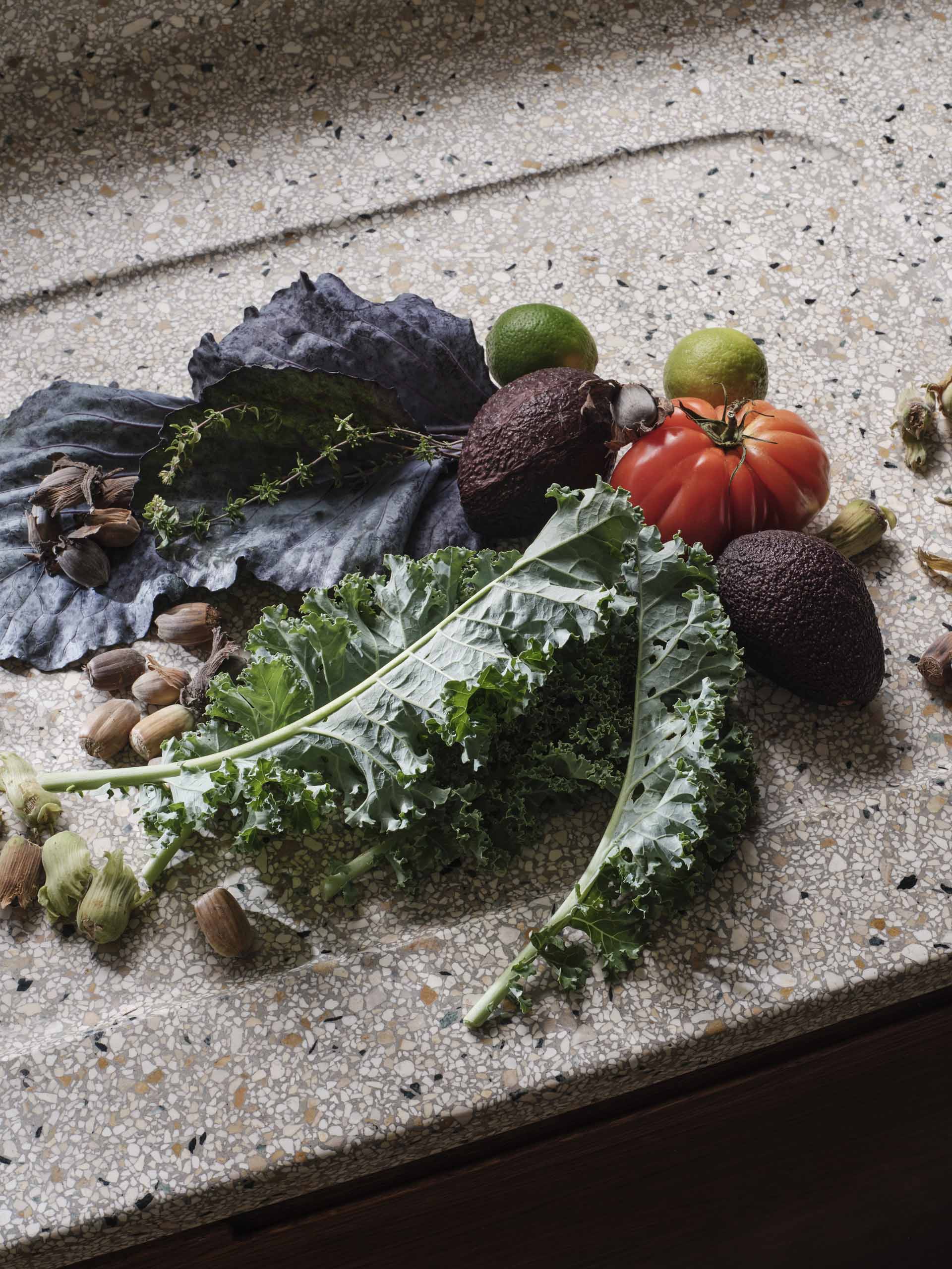 A modern kitchen with dark wood and matte green cabinets, also includes a seamless terrazzo countertop and integrated sink, that then travels up onto the wall.