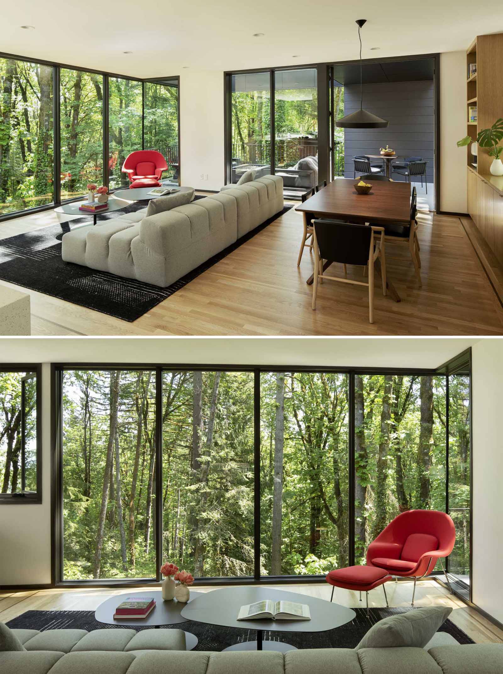 This modern living room is anchored by a plush Tufty-Time Sofa from B&B Italia and heavy nesting Moroso Phoenix tables, while a paprika-colored Womb Chair by Eero Saarinen for Knoll adds a punch of color in the corner of the room.