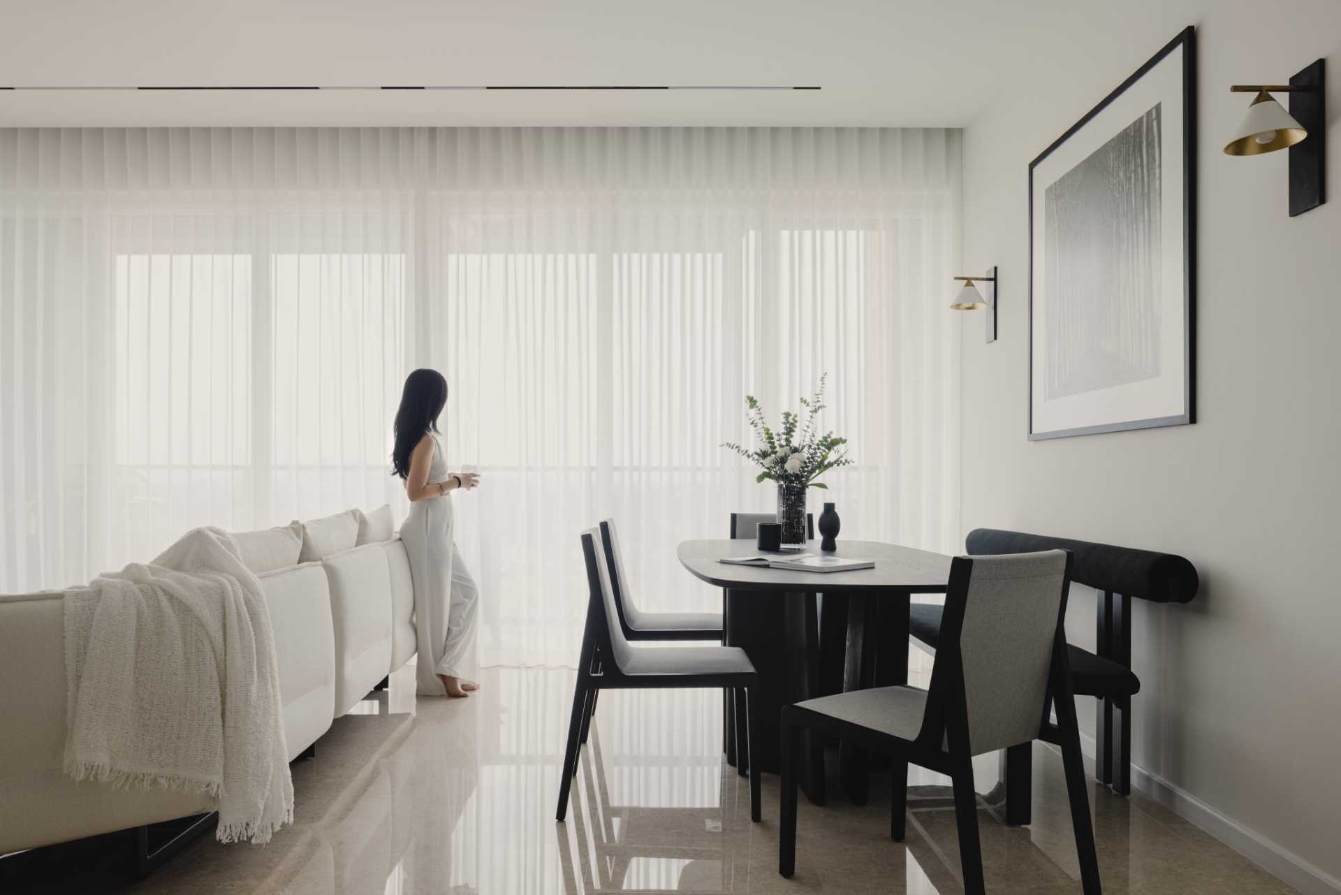 A modern home interior with a monochrome, black and white color palette.