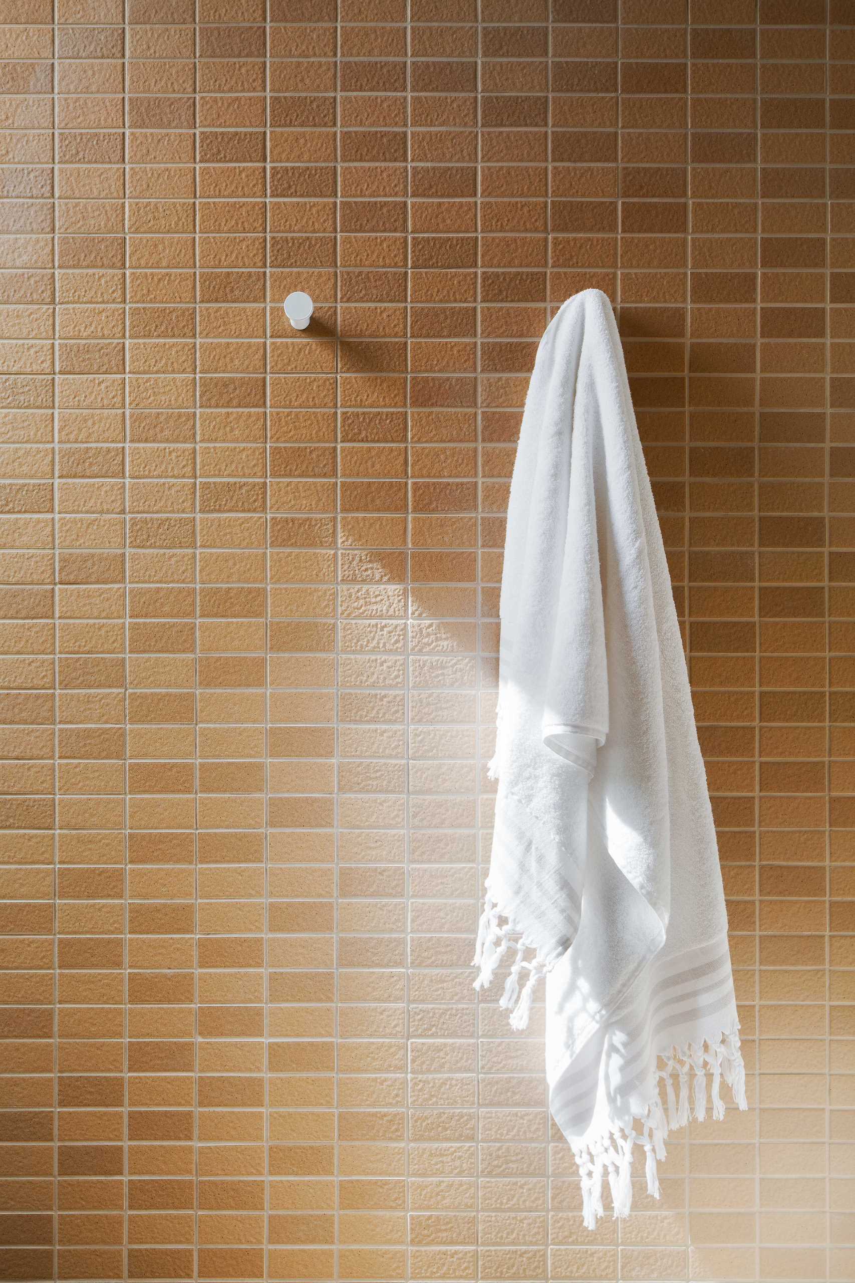 In this modern bathroom, textural Japanese tiles in a terracotta color were chosen to reflect an earthiness, while the crisp white fixtures add freshness, lightness, and a contrasting element.