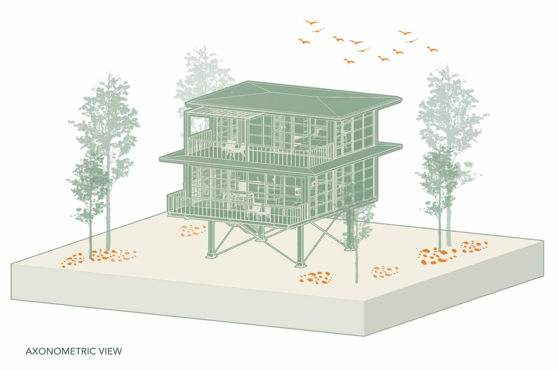 The architectural drawing of a modern two-bedroom villa.