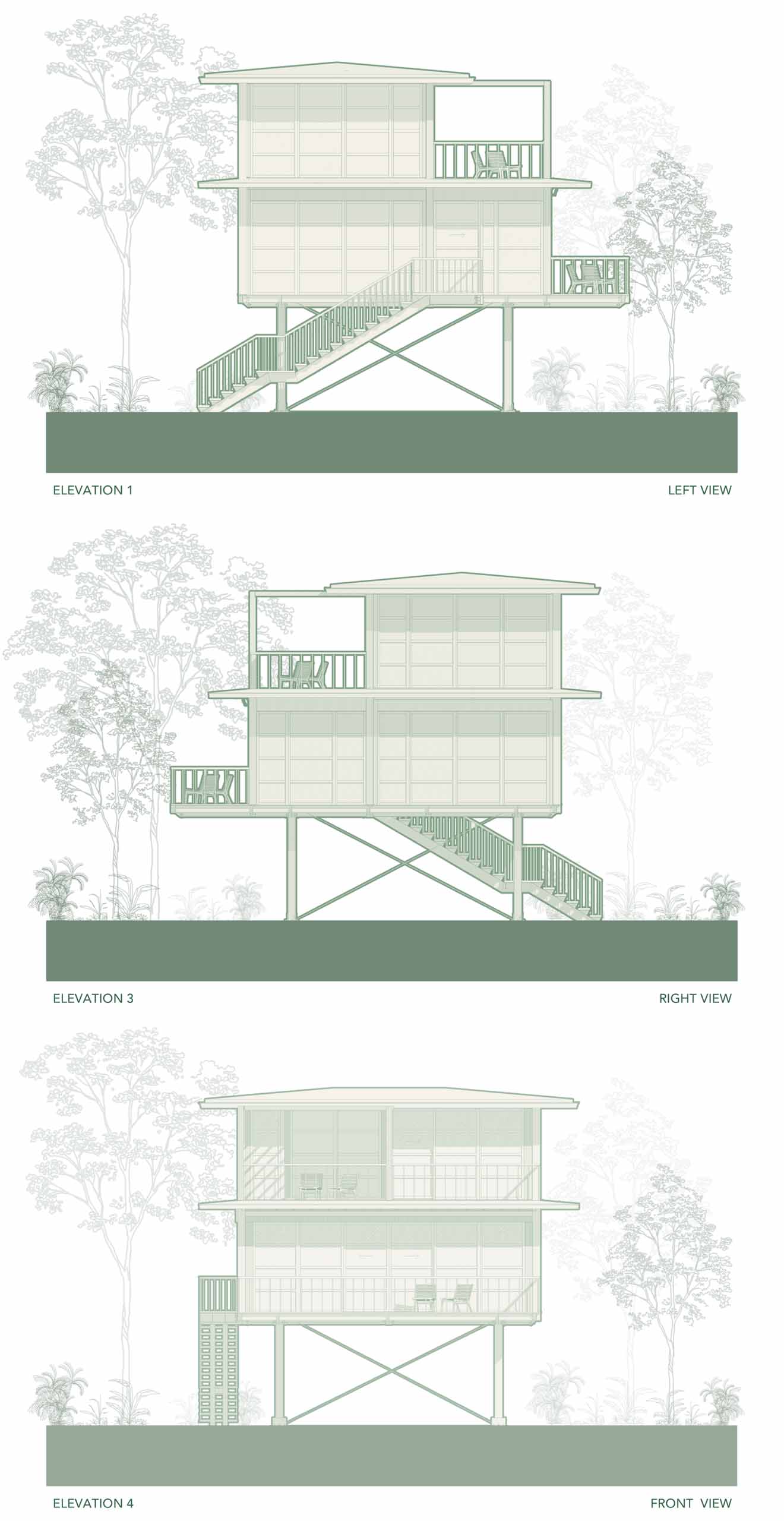 The elevations of a modern two-bedroom villa.