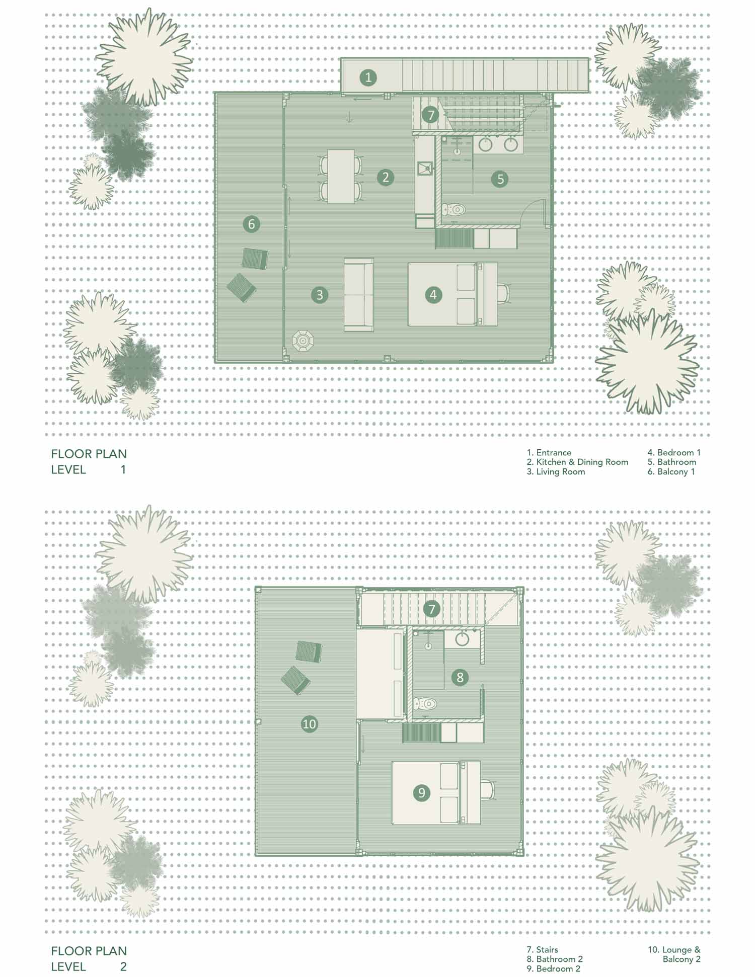 The floor plan of a modern two-bedroom villa.