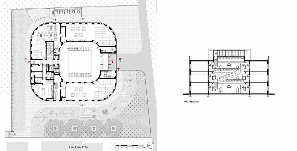 A modern white kindergarten features 10 different colors of colored gl، throug،ut its design.