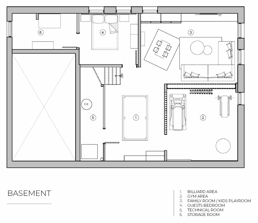 The floor plan of a multi-level home with a basement.