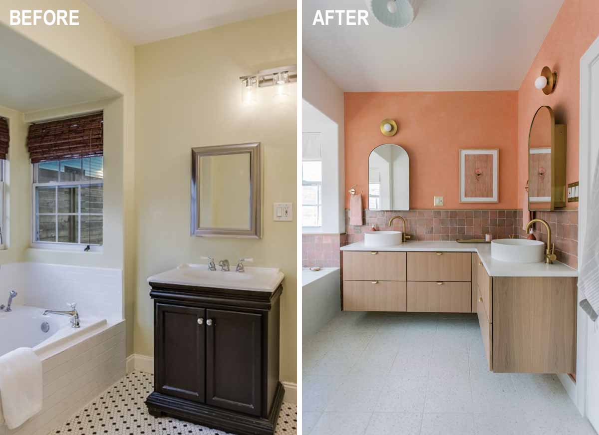 A contemporary bathroom renovation received a new corner vanity with double sinks. 