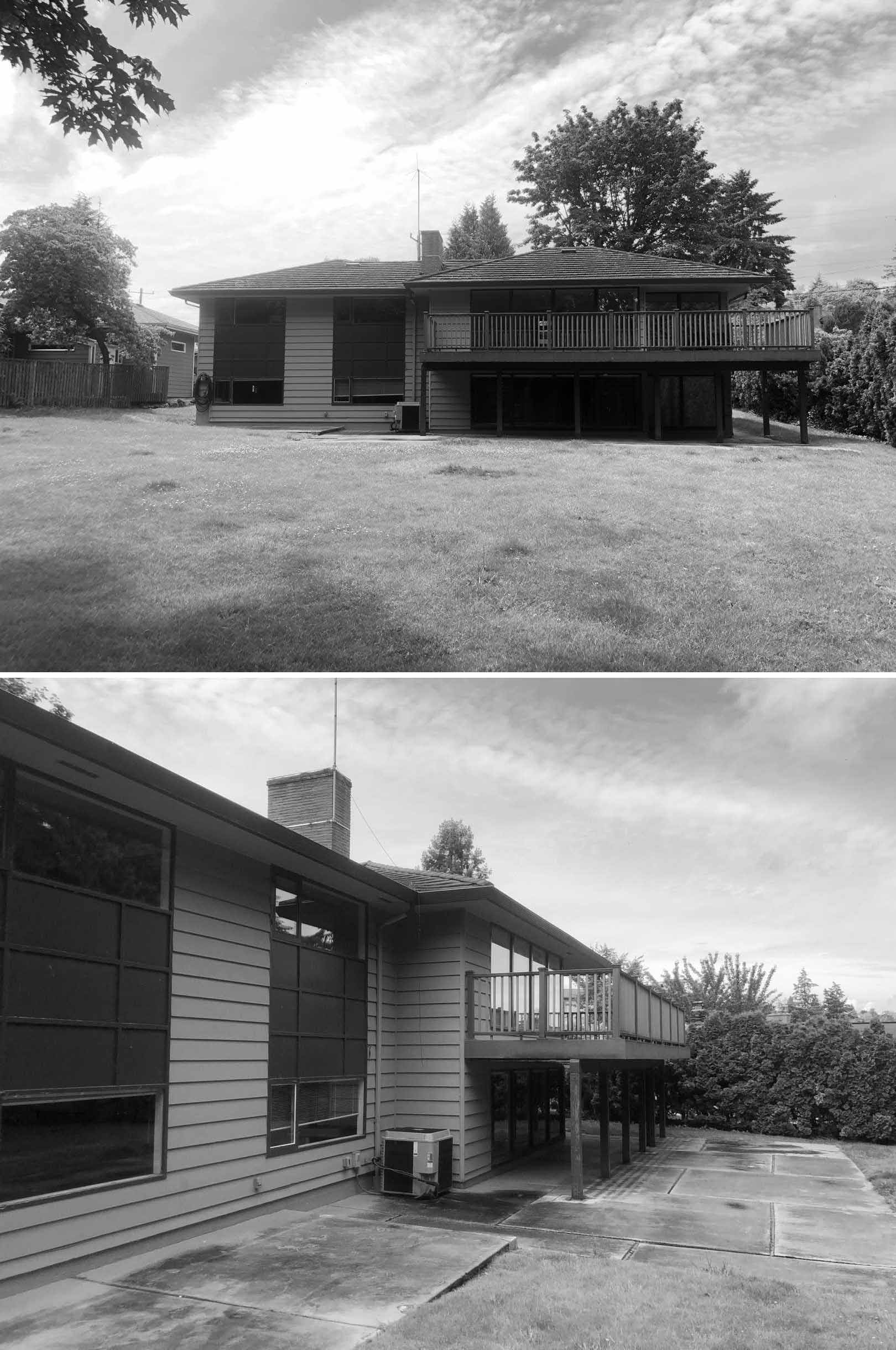 Before - A renovation single-story, mid-century home received a new deck and outdoor space.