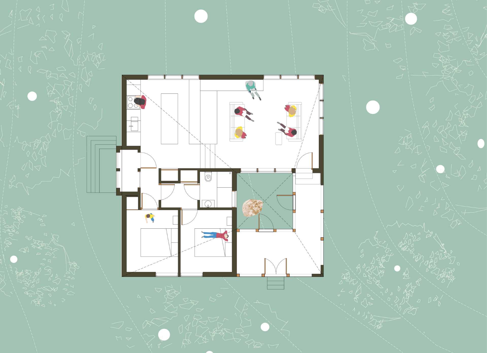 The floor plan of a small 2 bedroom cabin.