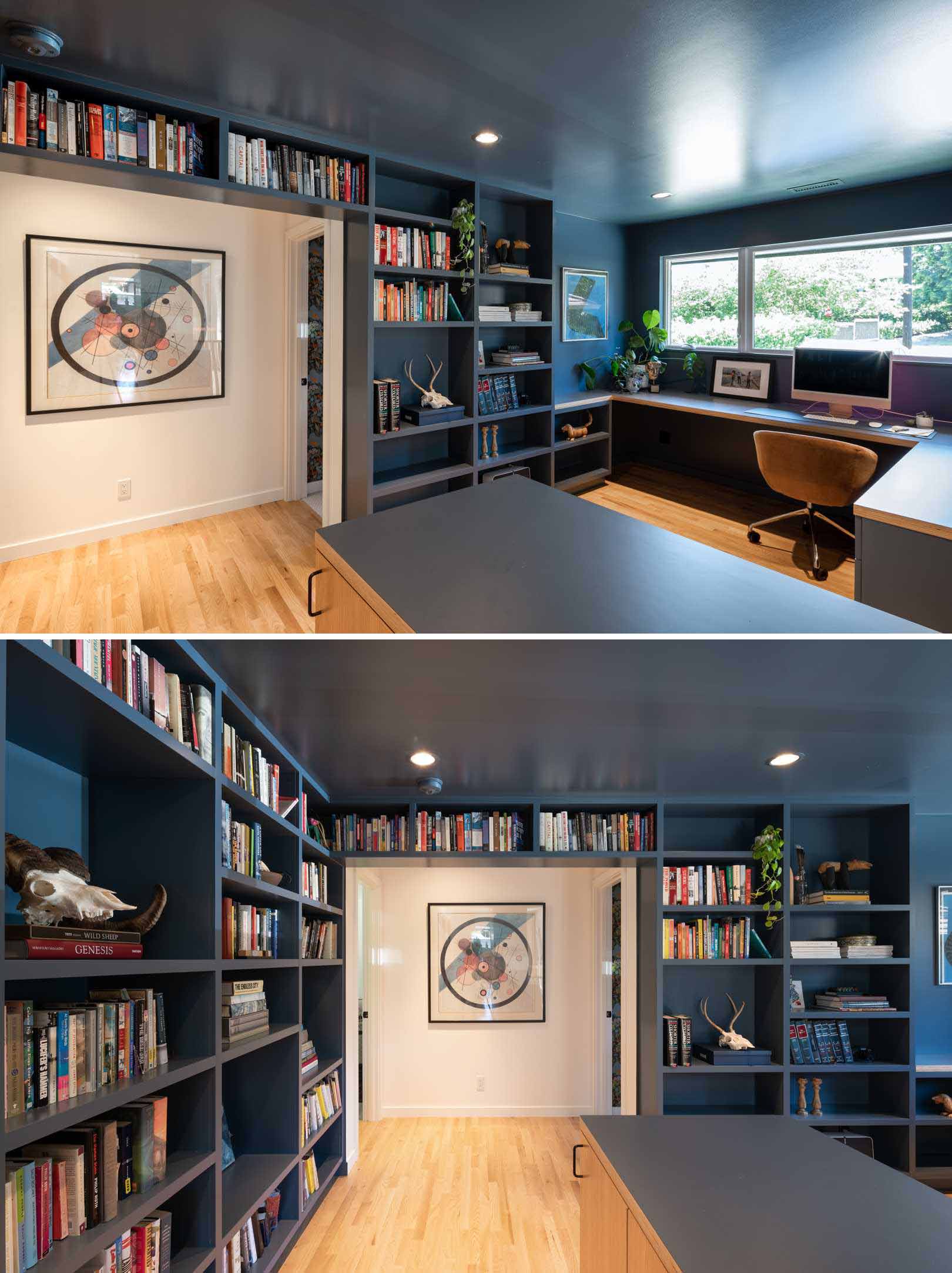 The updated hallway has been transformed into a walk-through library and home office, with plenty of storage for books and a built-in desk beneath the window.