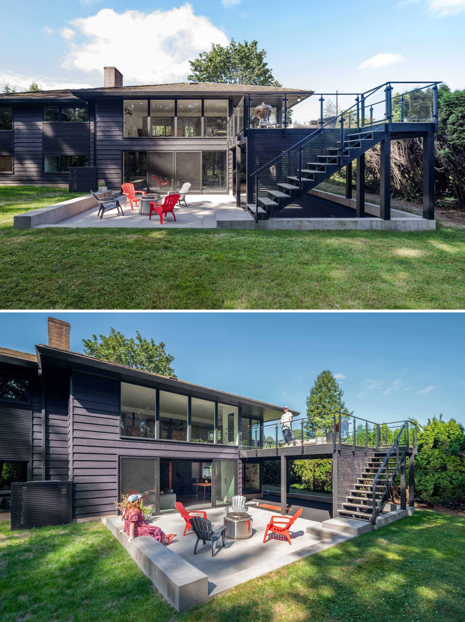 After - A renovated single-story, mid-century home received a new deck and outdoor space.