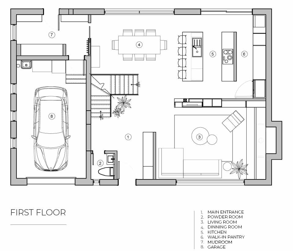 The floor plan of a multi-level home with a basement.