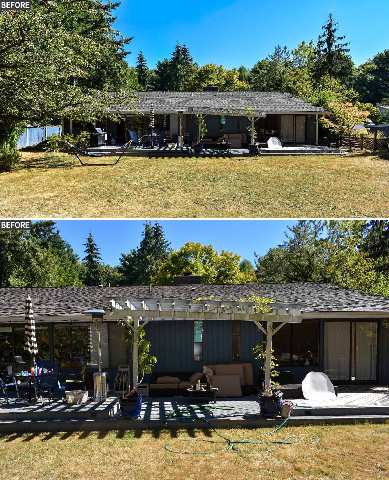 Before remodel - a rear deck and pergola.