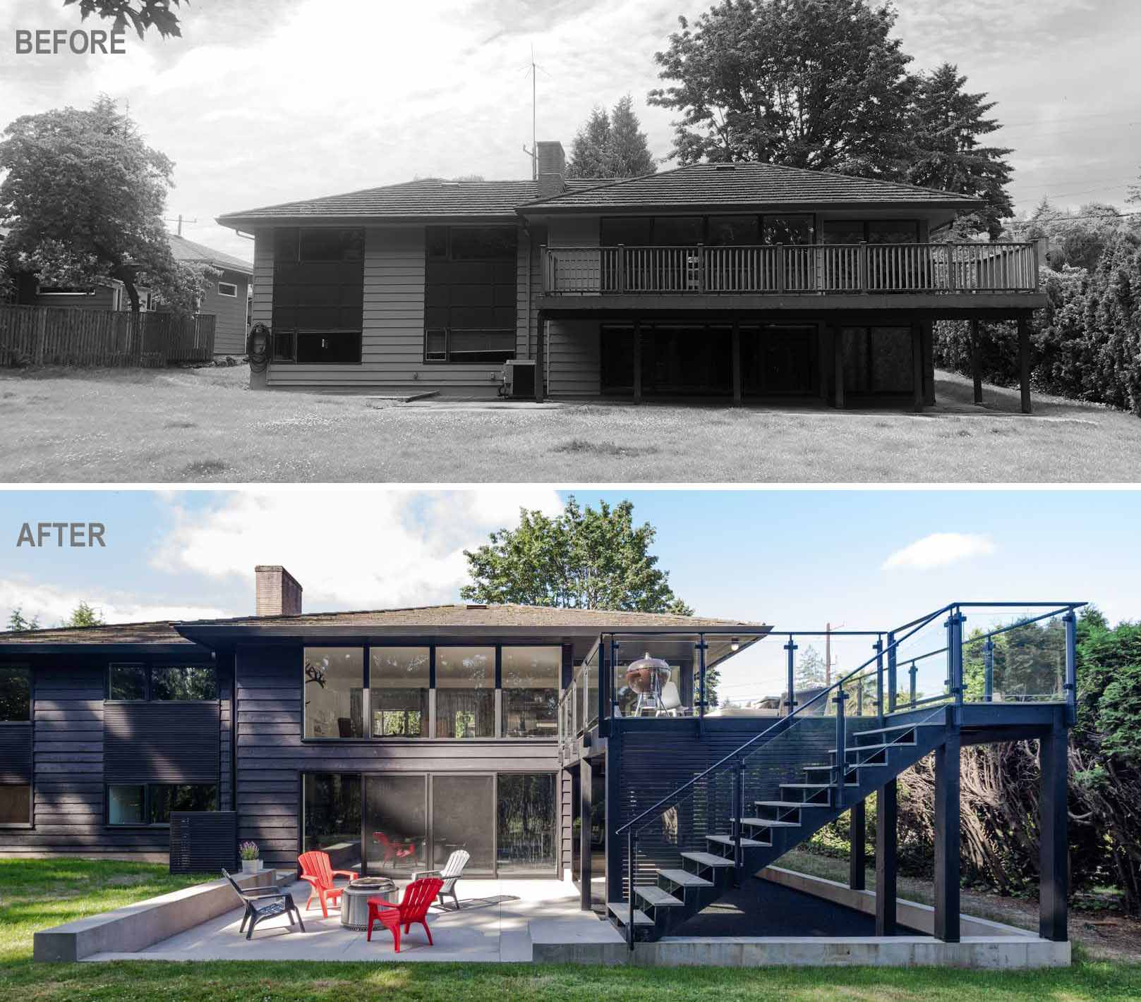 A renovated single-story, mid-century home received a new deck and outdoor space.