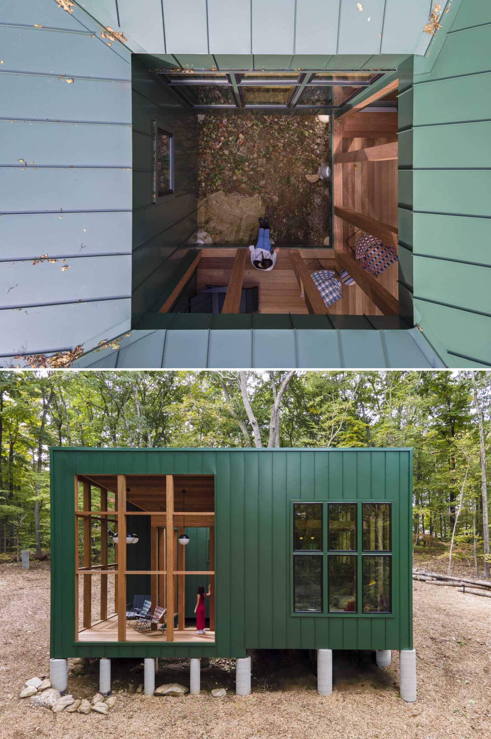 A modern two bedroom cabin with green metal standing seam siding and exposed wood structure.