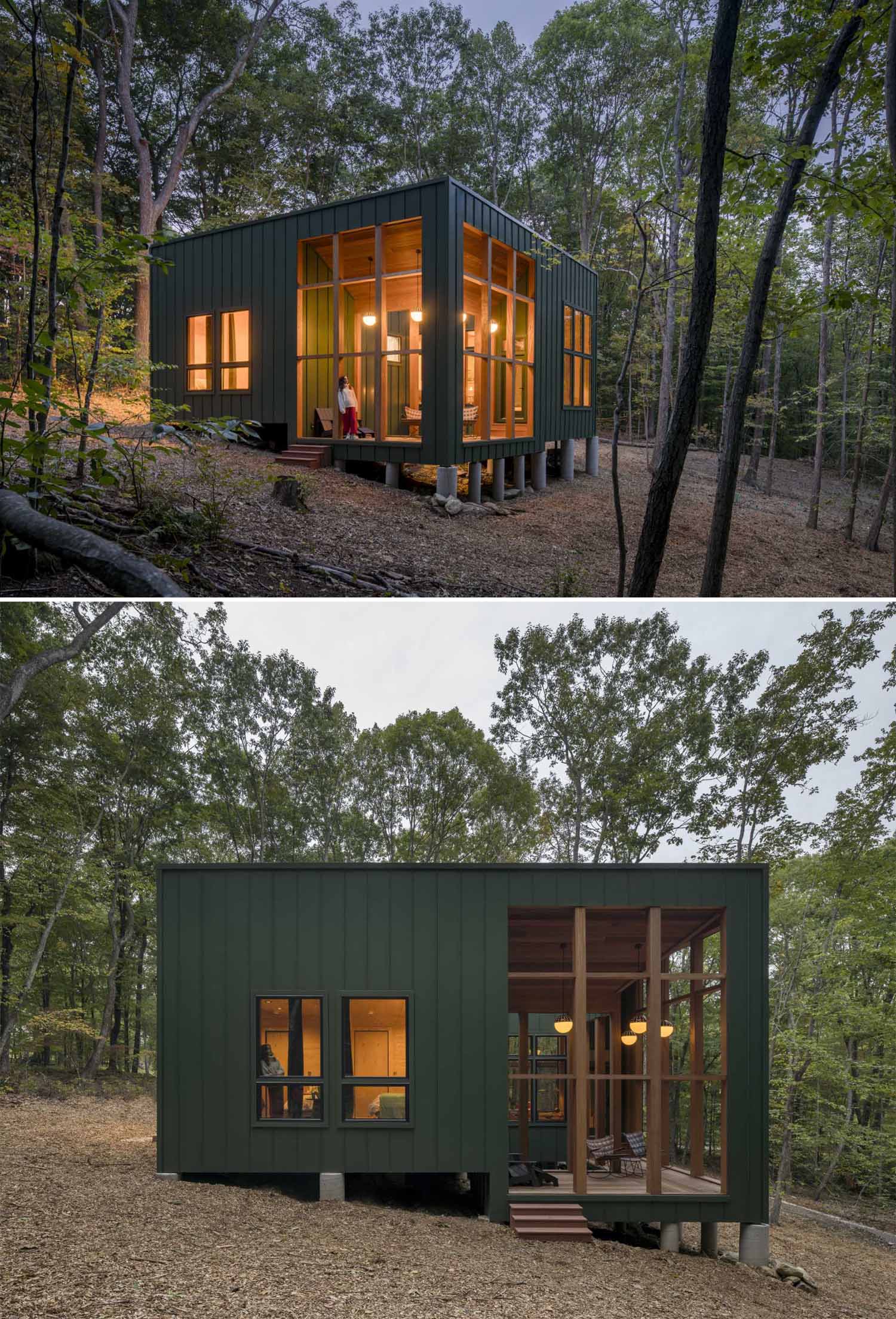 A modern two bedroom cabin with green metal standing seam siding and exposed wood structure.