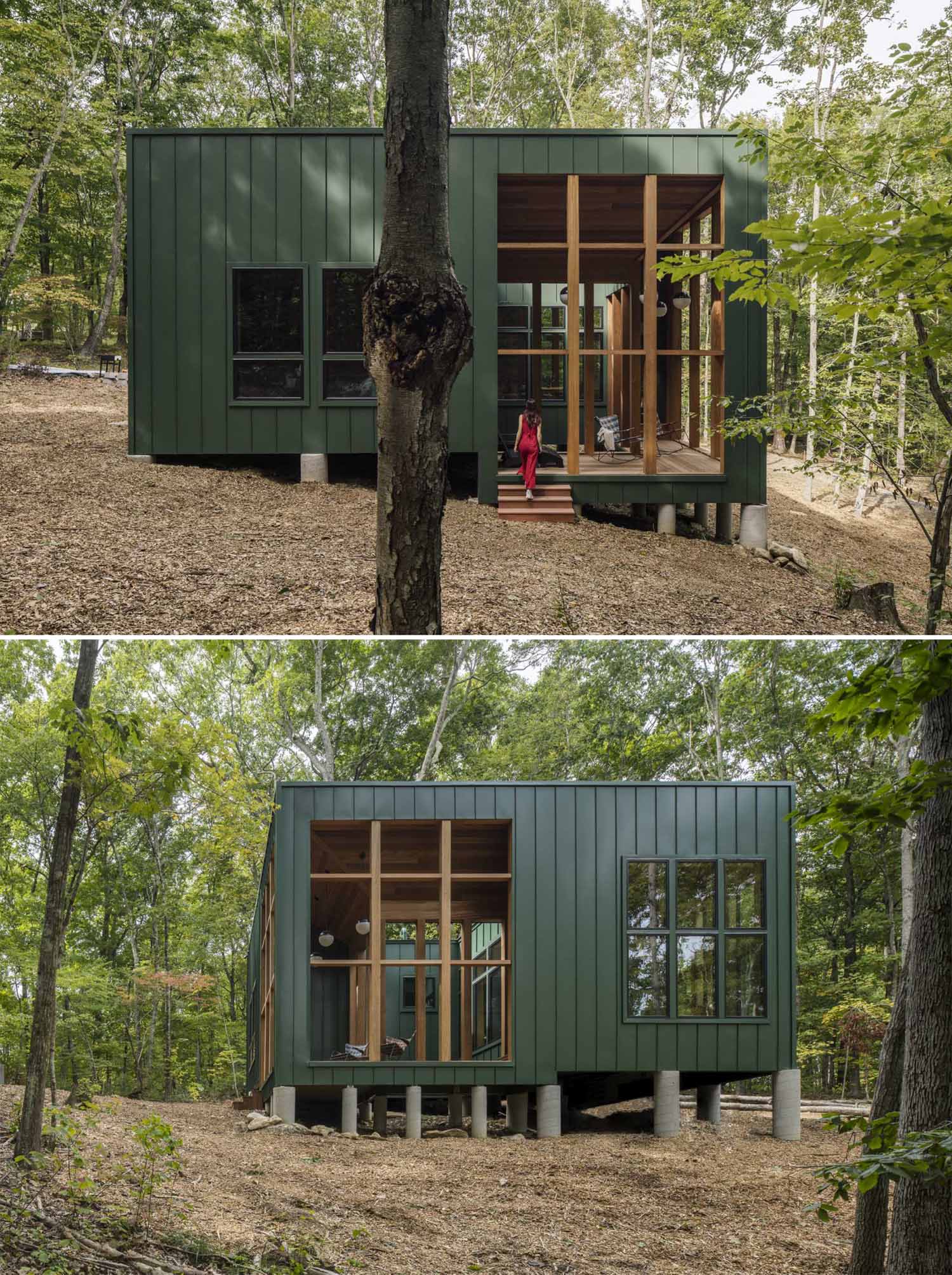 A modern two bedroom cabin with green metal standing seam siding and exposed wood structure.