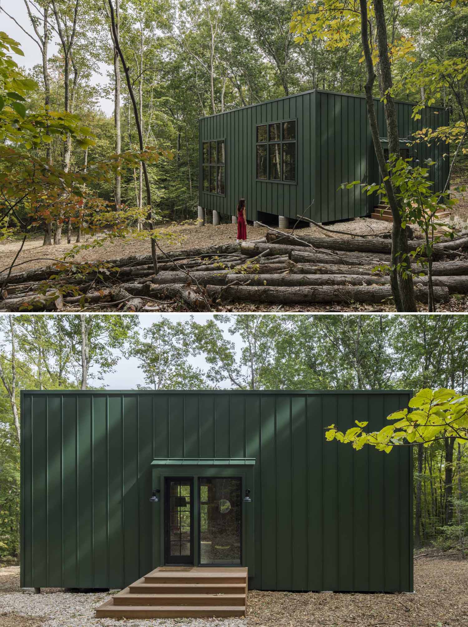 A modern two bedroom cabin with green metal standing seam siding and exposed wood structure.