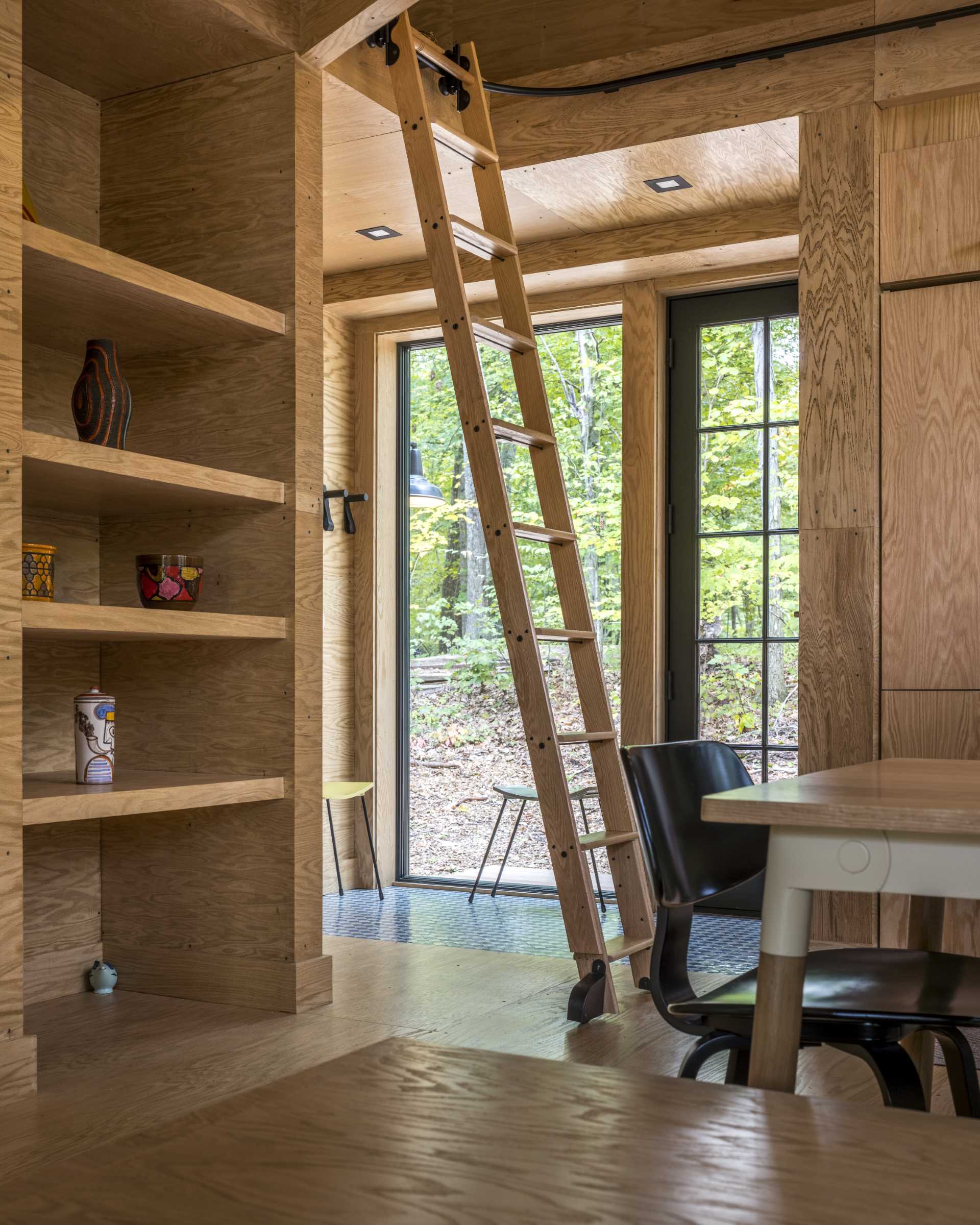 A modern cabin with a ladders that provides access to the upper shelves and loft area.