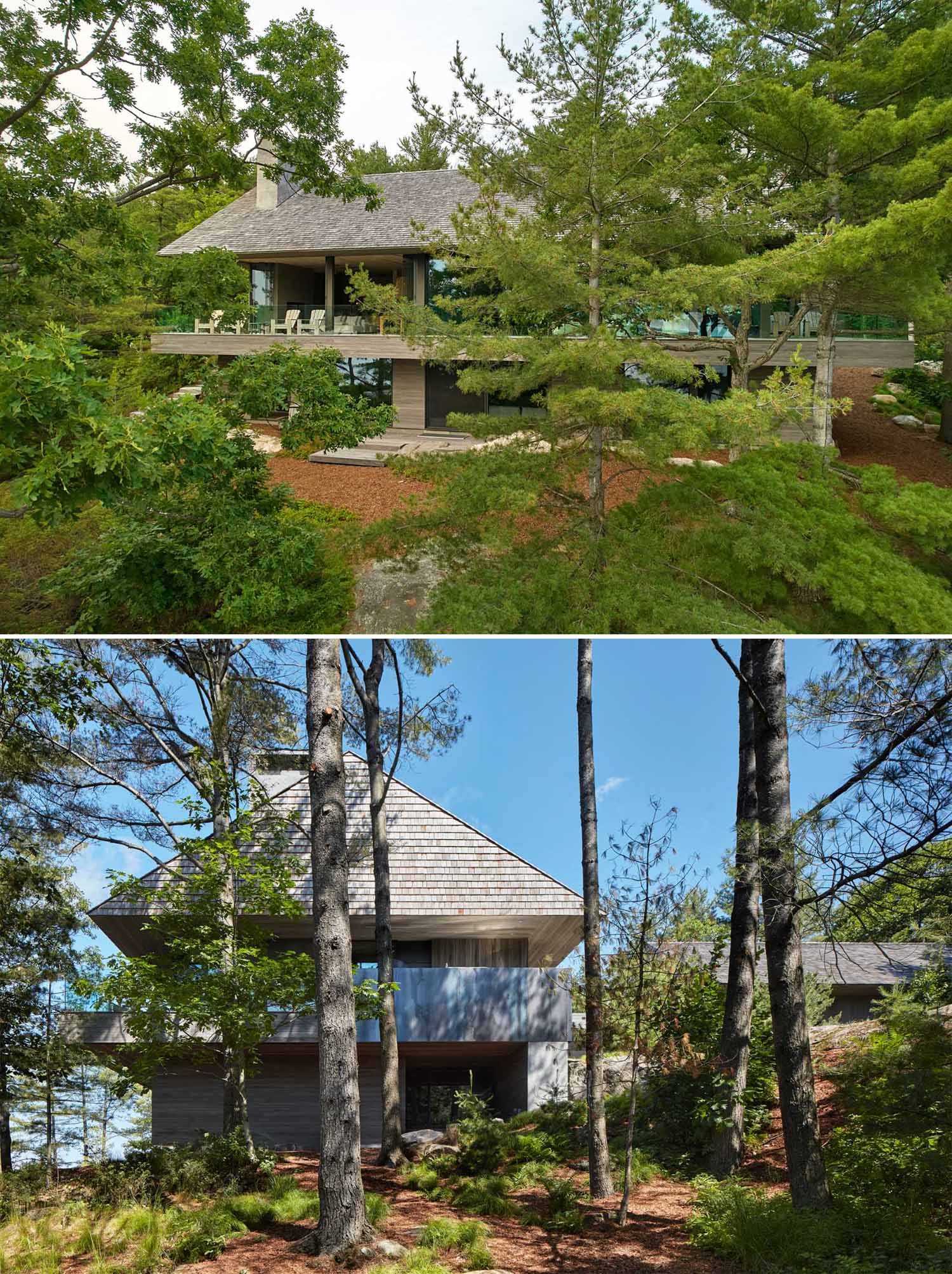 A modern cottage in Canada that's clad in rough-sawn cedar boards and western red cedar shakes.